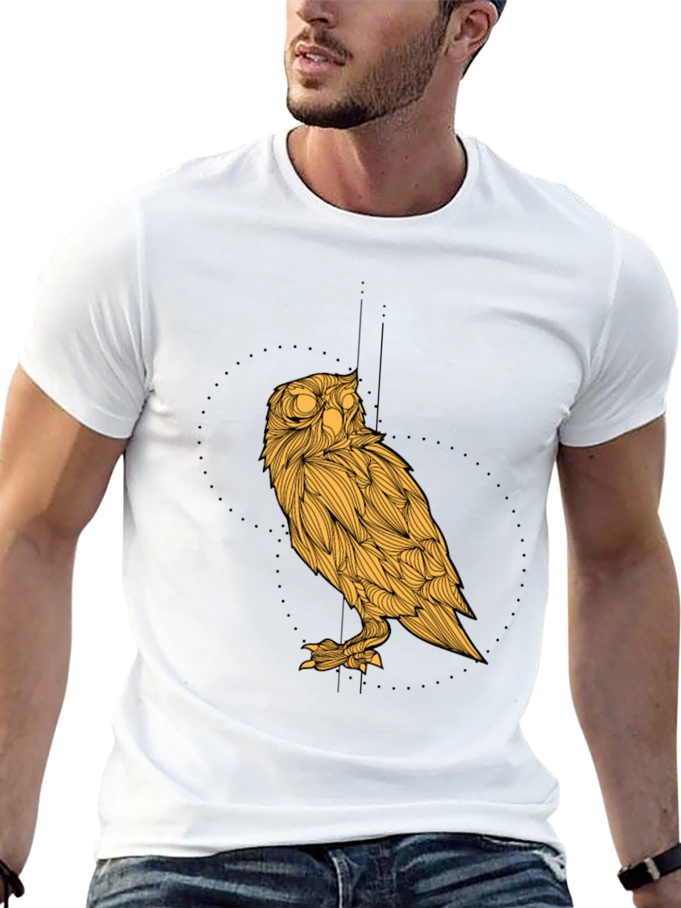 Black Men's Black T-Shirt with Golden Owl Graphic view 13