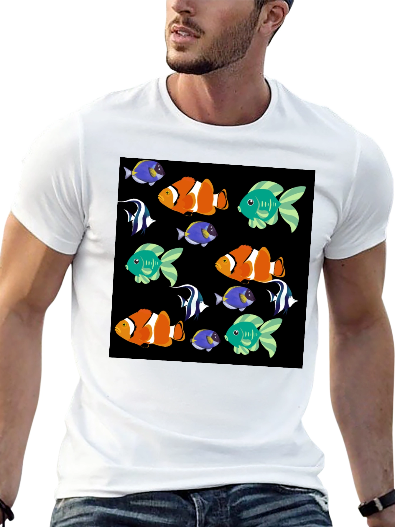 Black Fun Fish Pattern Black T-Shirt view 13