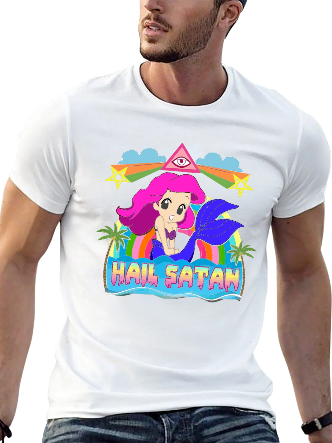 Black Hail Satan Mermaid Graphic T-Shirt view 13