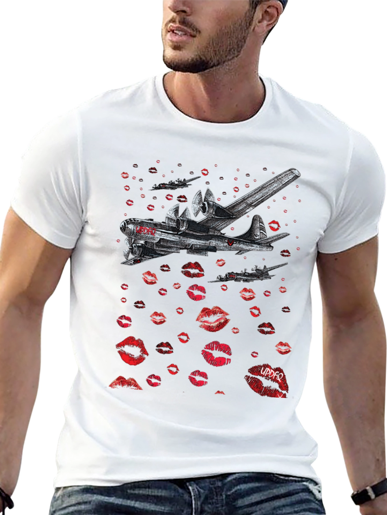 Black Bomber Plane Lips Print Graphic Tee - Unique Design view 13