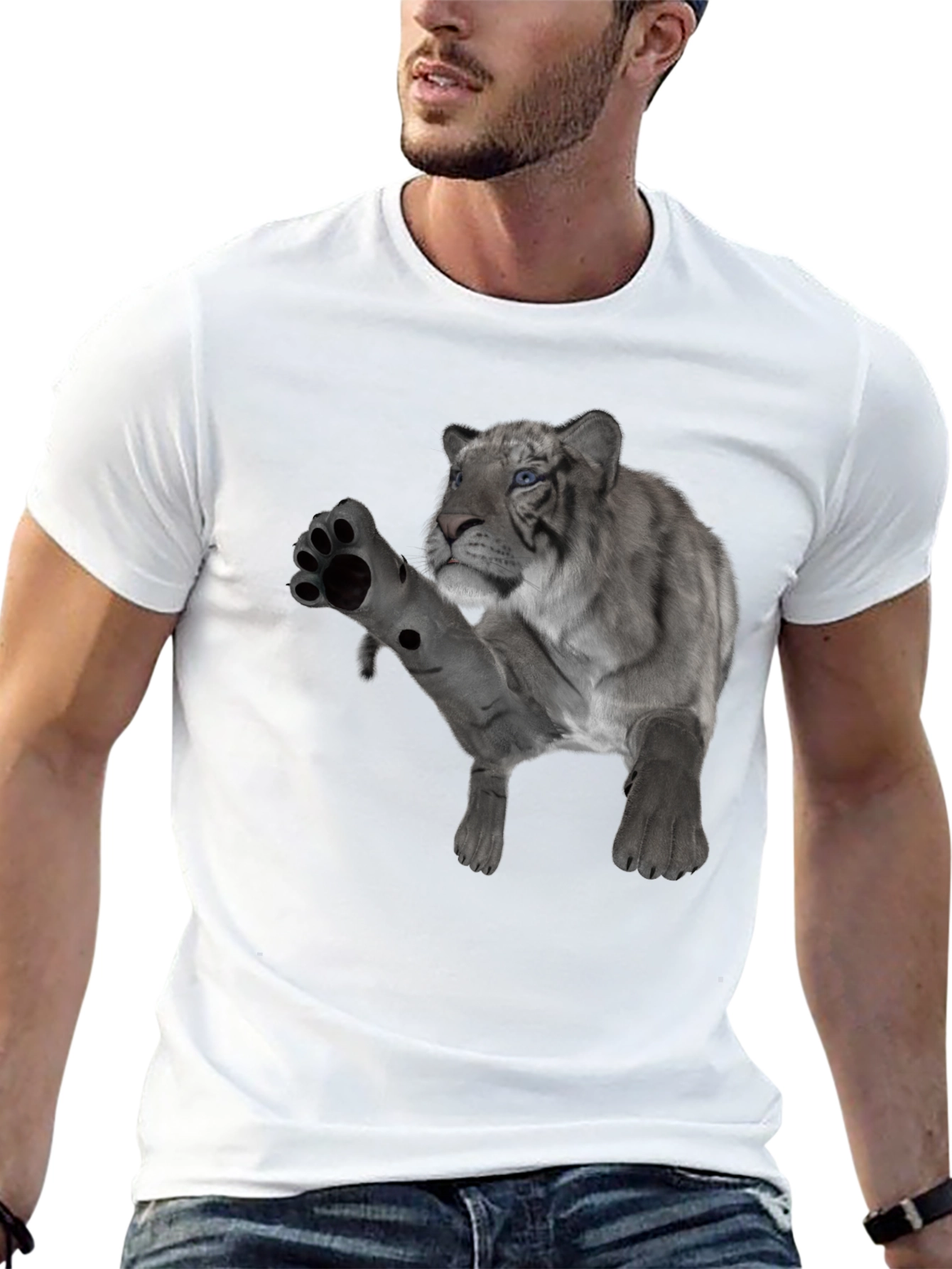 Black Men's Black T-Shirt with White Tiger Graphic view 13