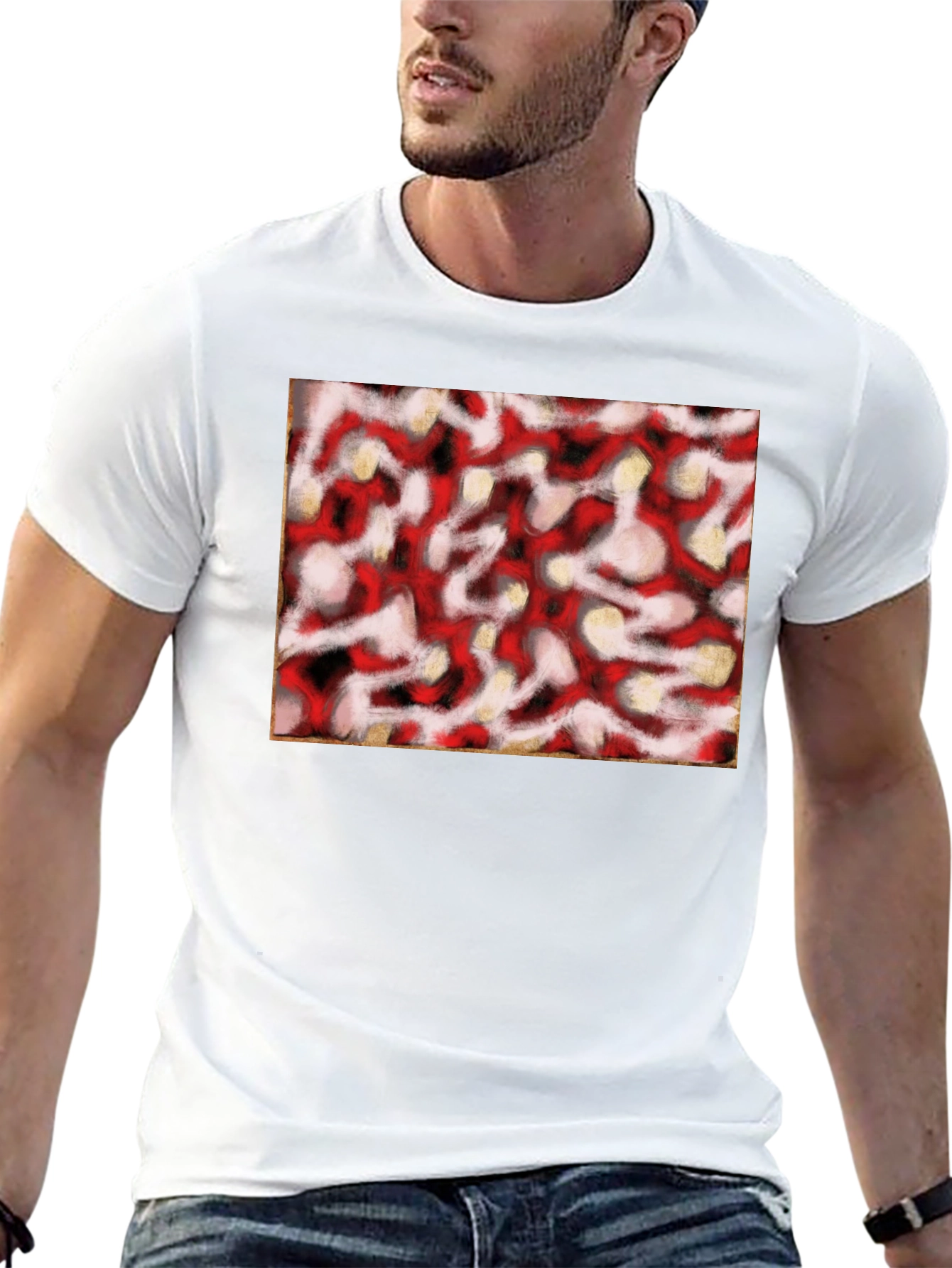 Black Abstract Red & White Pattern Black T-Shirt view 13