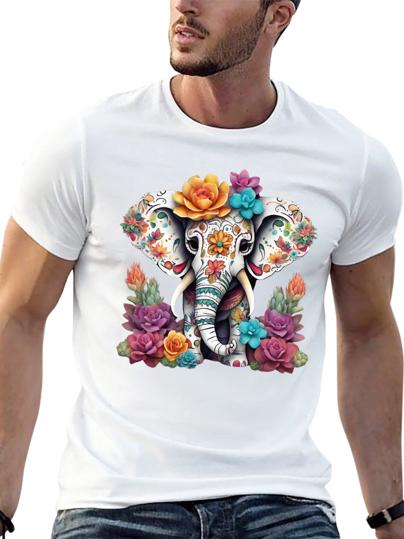 Black Floral Sugar Skull Elephant Graphic Tee view 13
