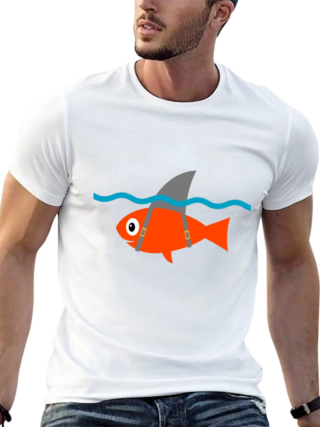 Black Funny Fish Shark Fin T-Shirt - Black Cotton Tee view 13