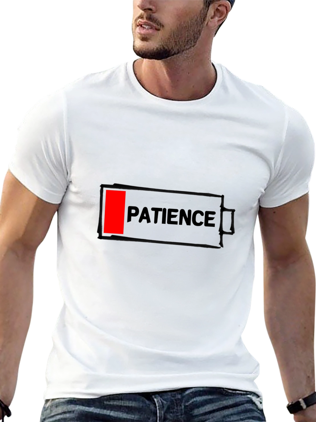 Black Patience Low Battery Black Graphic Tee for Men view 13