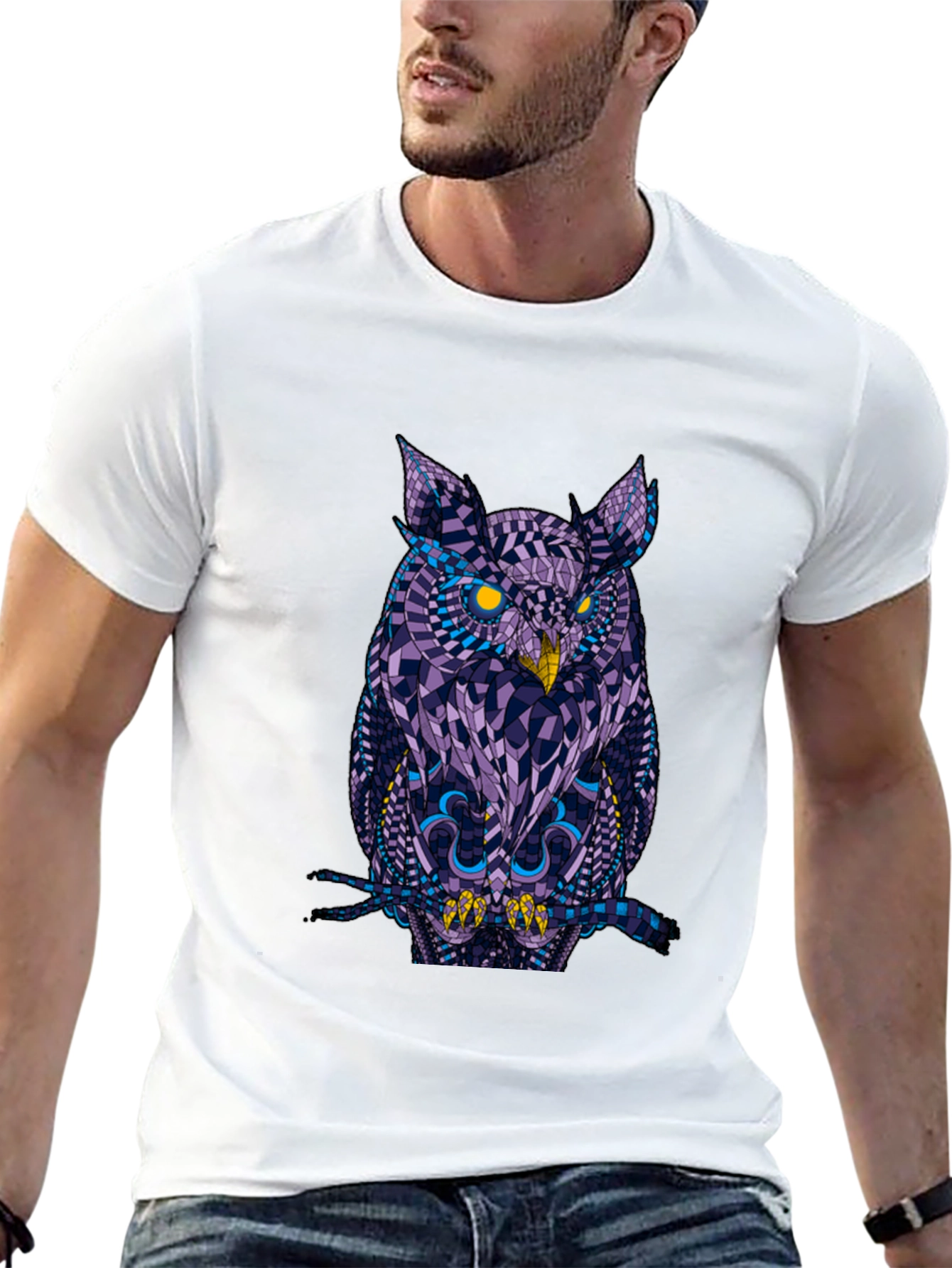 Black Geometric Owl Graphic Tee - Black Cotton view 13