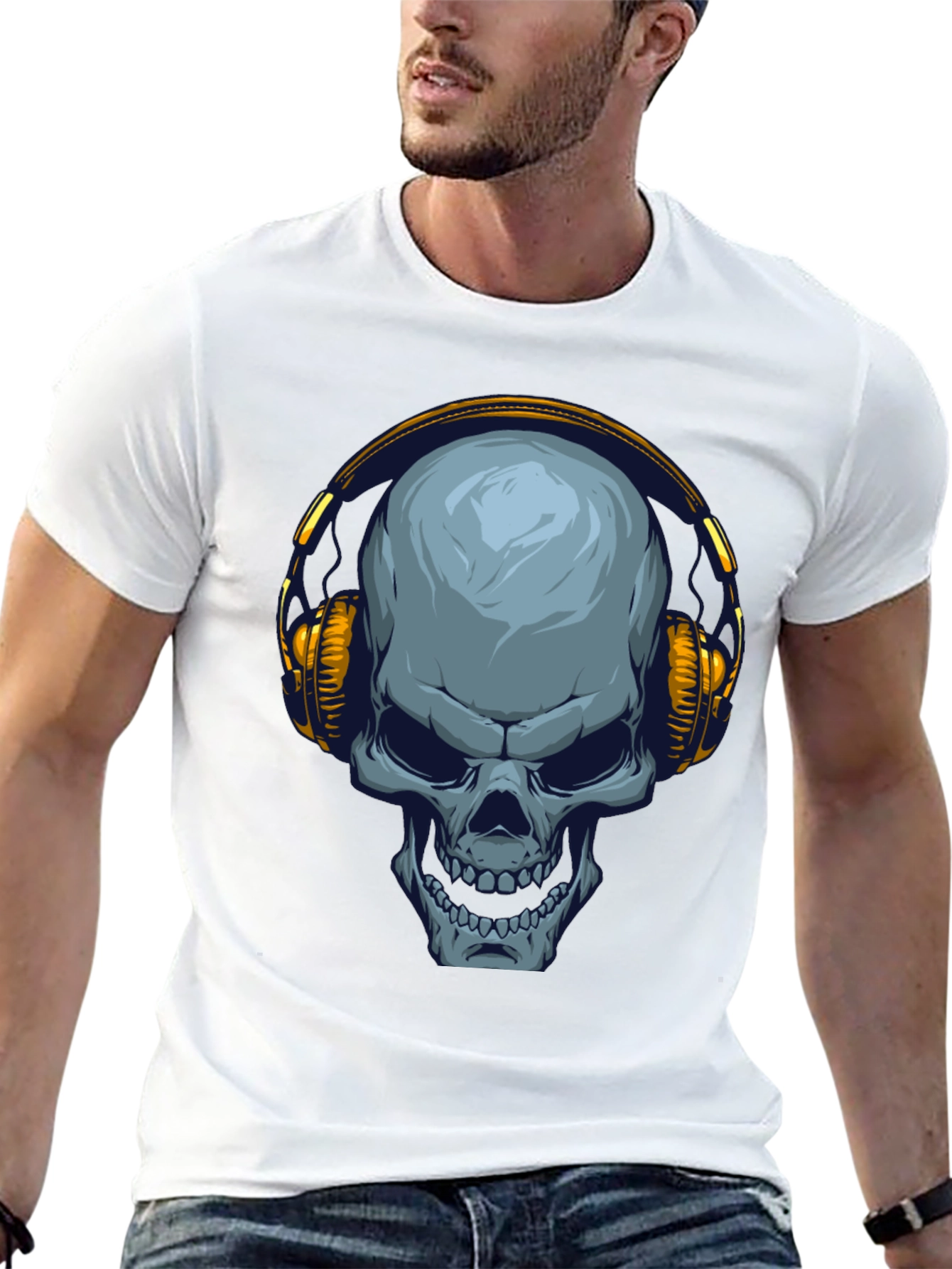 Black Skull with Headphones Graphic T-Shirt view 13