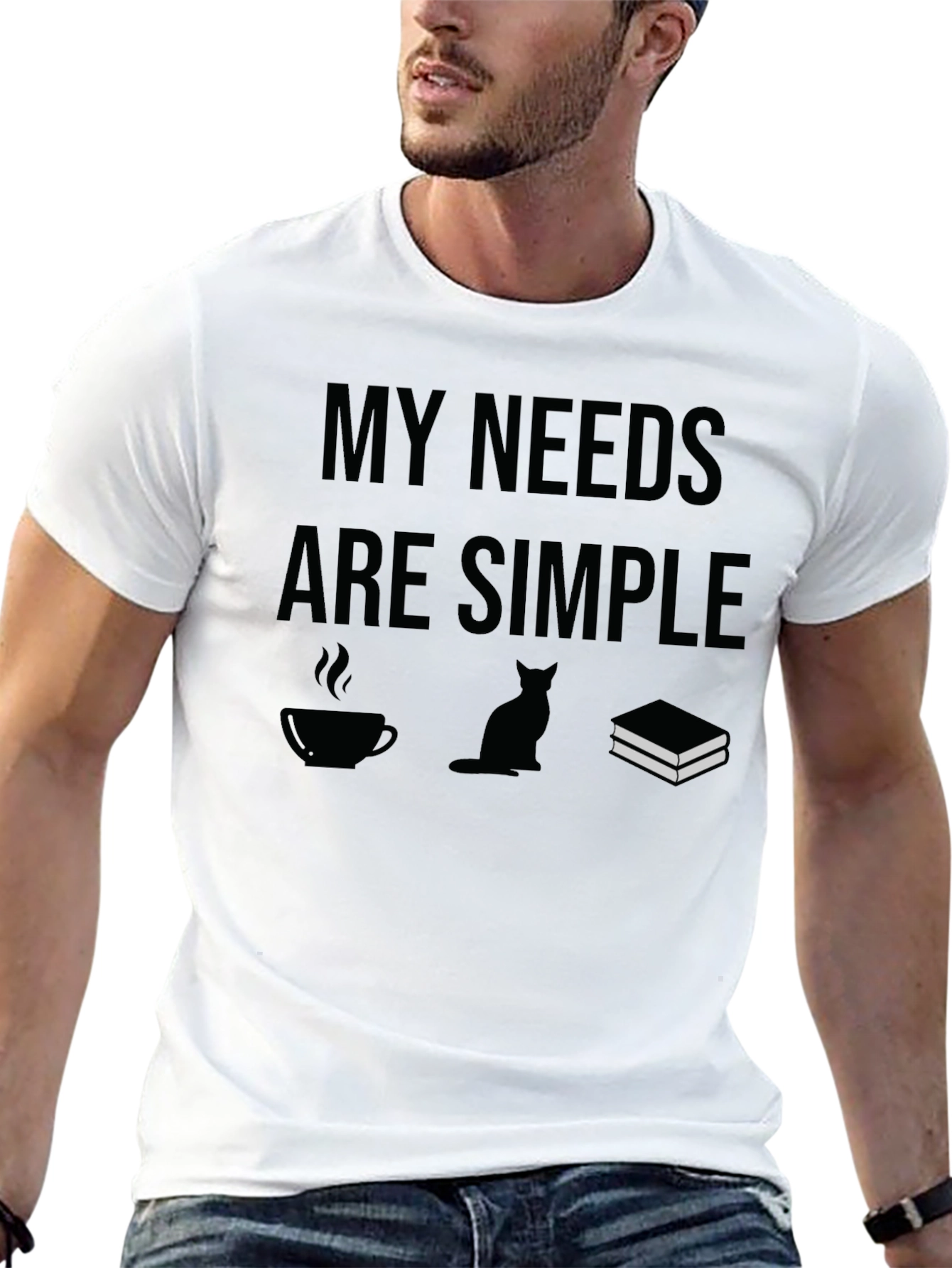 Black My Needs Are Simple T-Shirt: Coffee, Cat, Books view 13