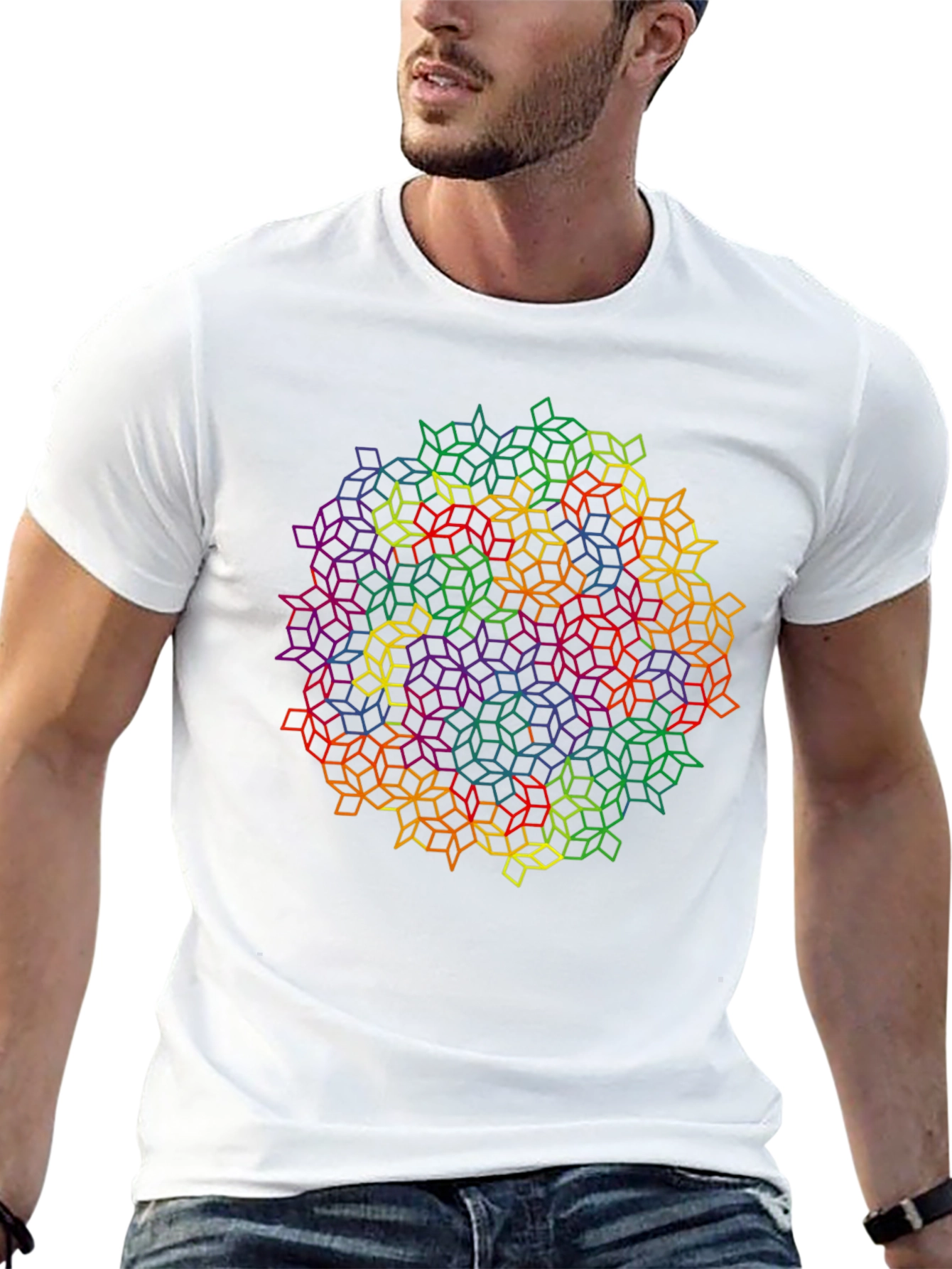 Black Geometric Rainbow Cube Pattern Black T-Shirt view 13