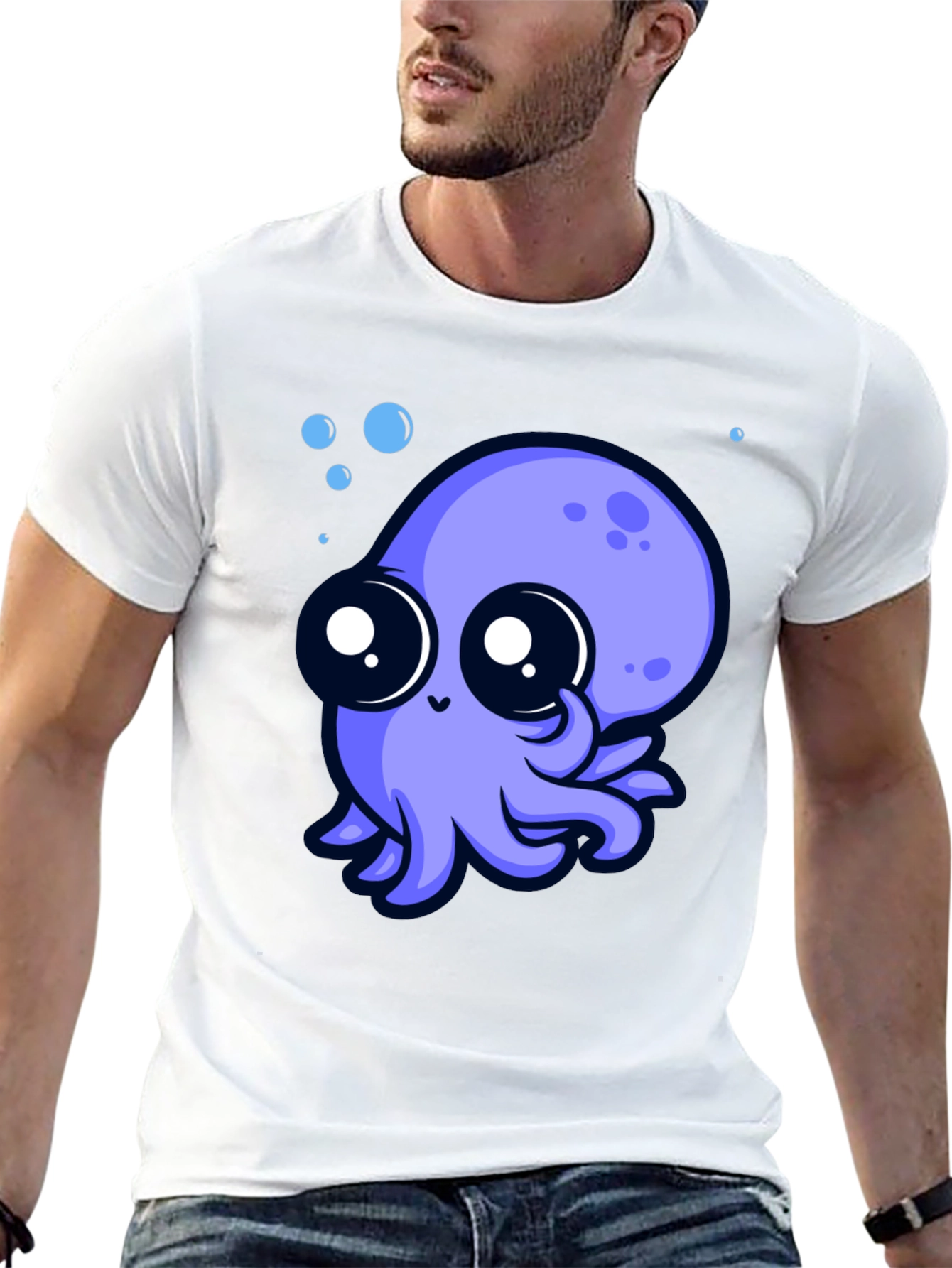 Black Cute Octopus Graphic Tee - Black Cotton T-Shirt view 13