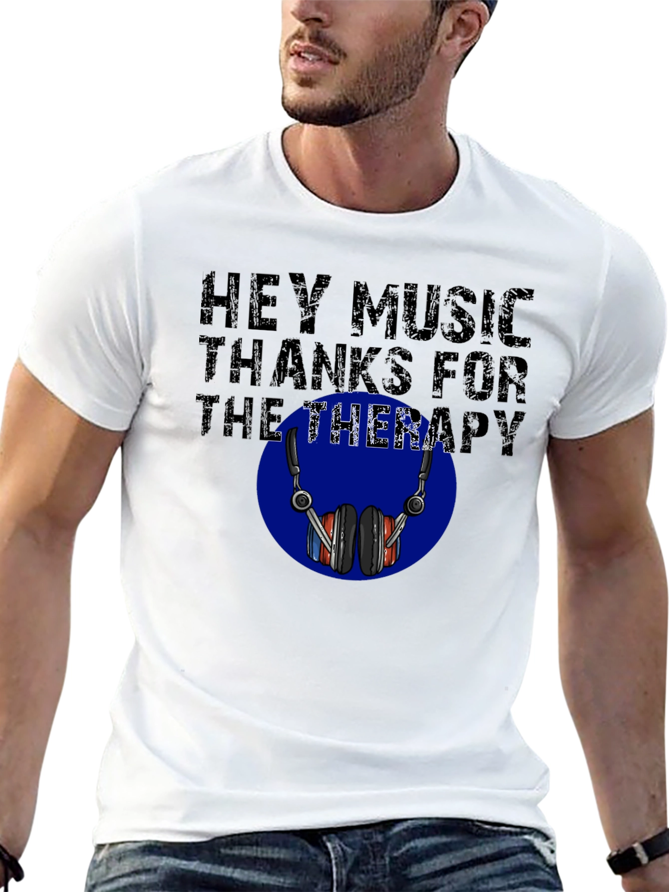 Black Music Therapy T-Shirt - Headphones Design view 13