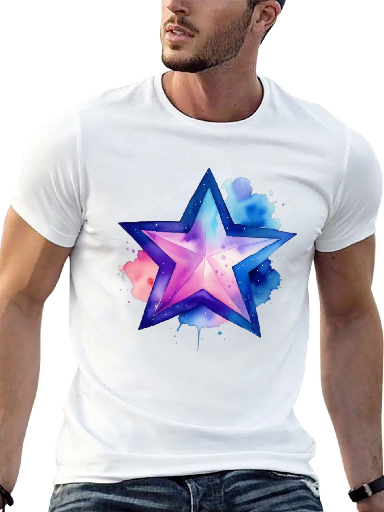 Black Watercolor Star Graphic Tee - Stylish Men's Black T-Shirt view 13