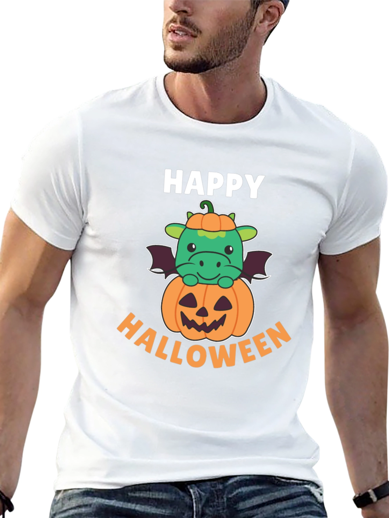 Black Happy Halloween Dragon on Pumpkin Men's T-Shirt view 13