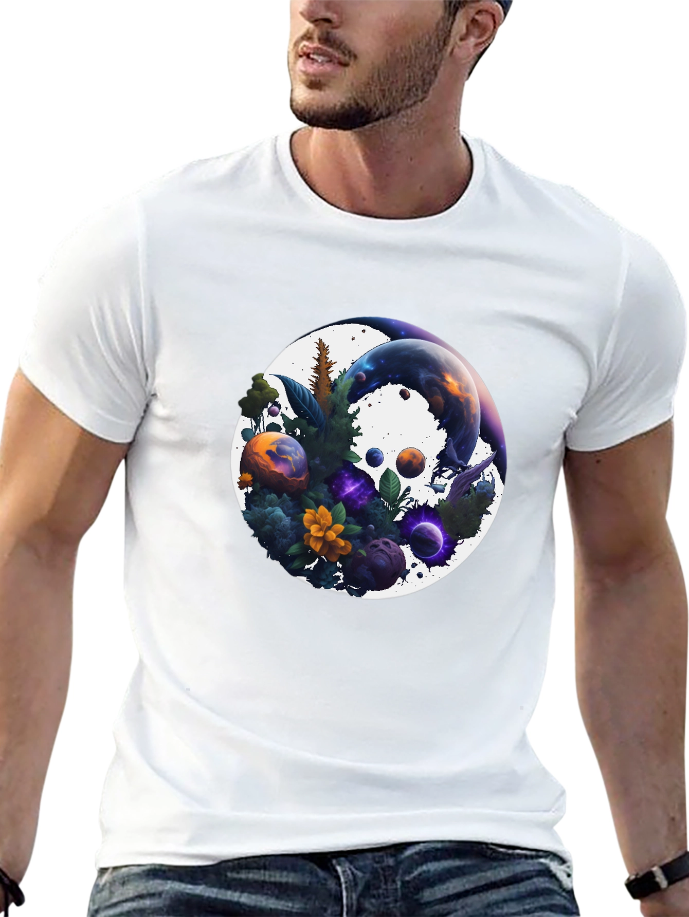 Black Cosmic Garden T-Shirt - Nature & Space Fusion view 13