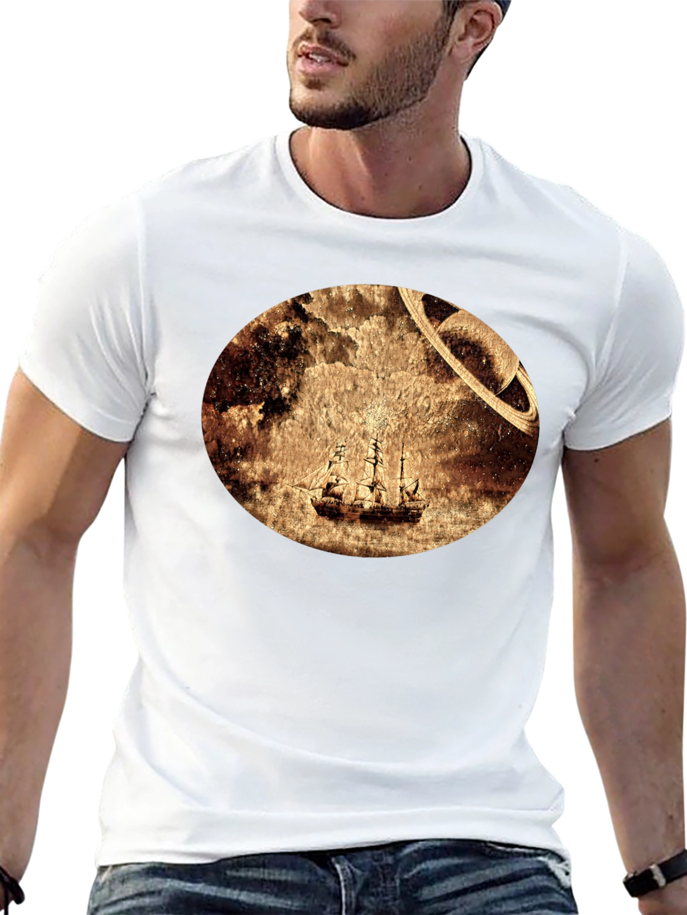 Black Vintage Space Sailboat T-Shirt - Unique Graphic Tee view 13