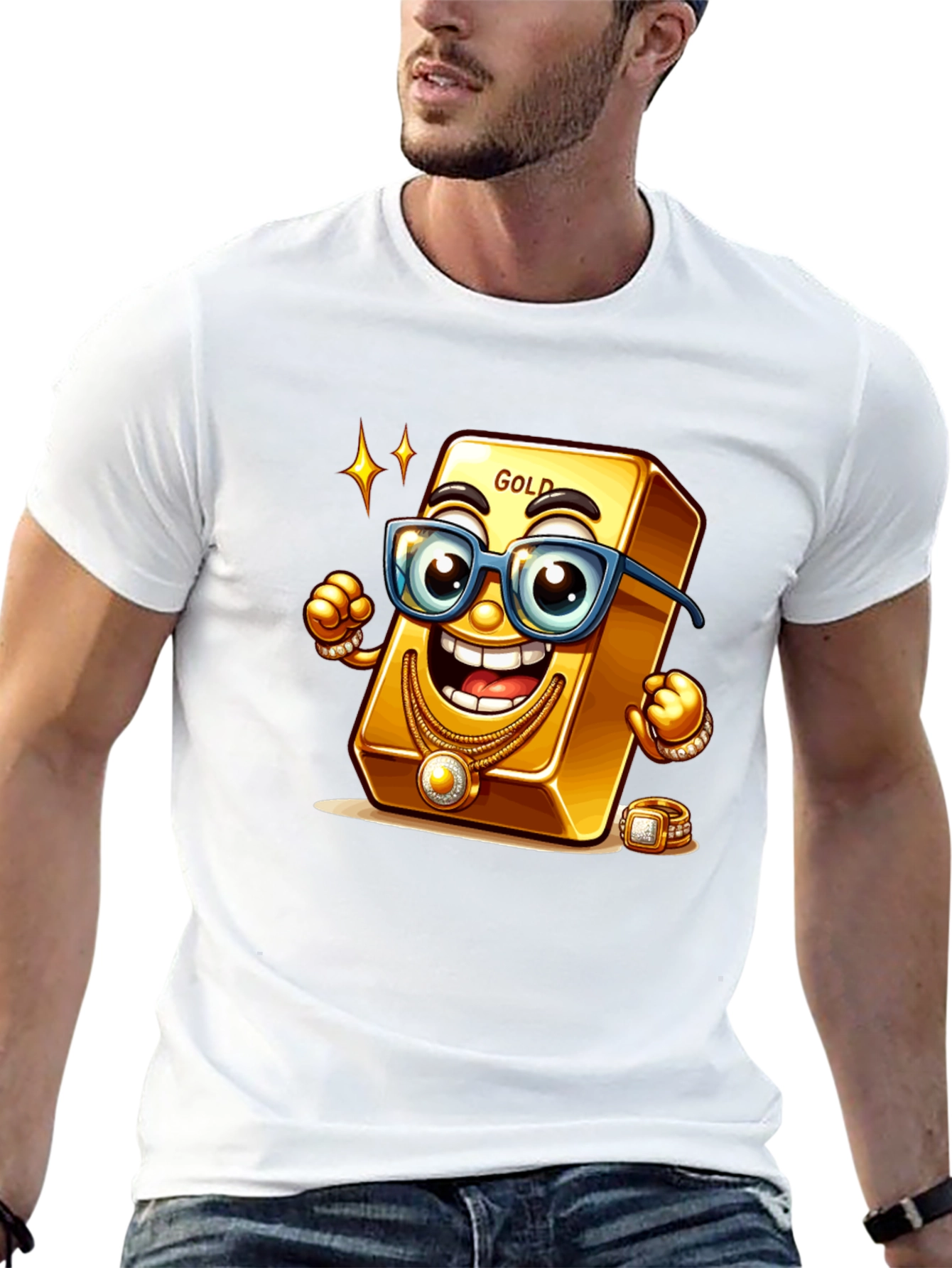 Black Funny Gold Bar Cartoon Graphic Tee view 13