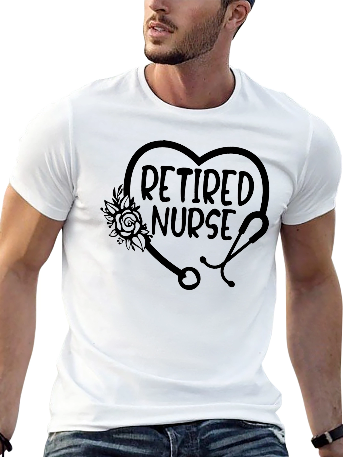 Black Retired Nurse T-Shirt - Floral Stethoscope Heart Tee view 13