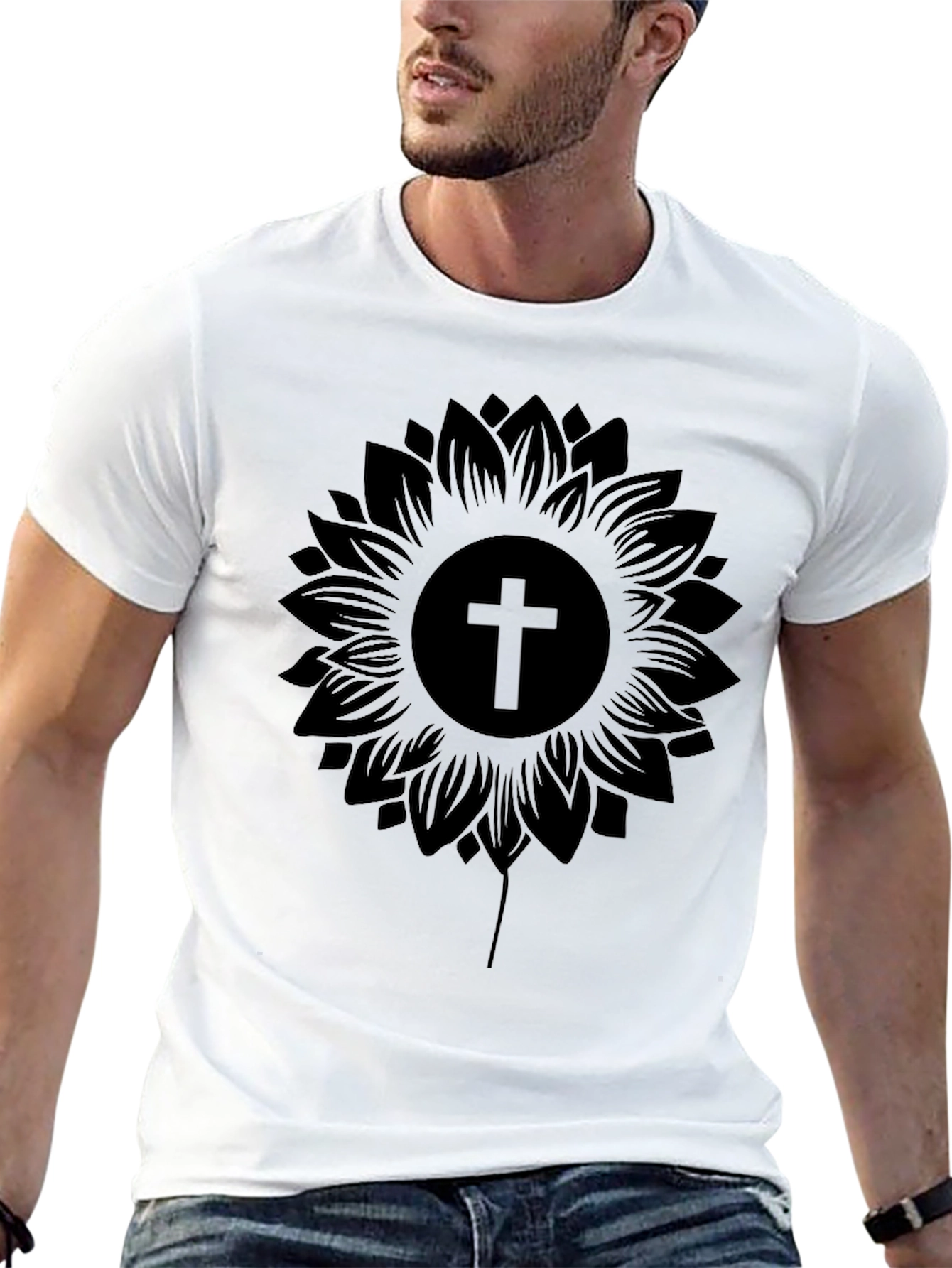 Black Sunflower Cross Graphic Black T-Shirt view 13