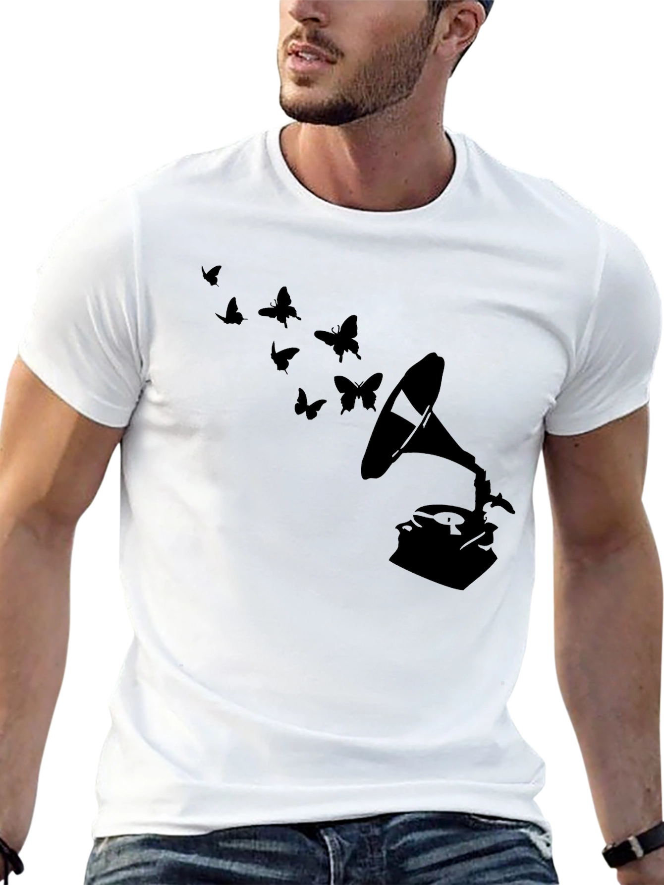 Black Vintage Gramophone & Butterfly T-Shirt - Stylish Retro Tee view 13