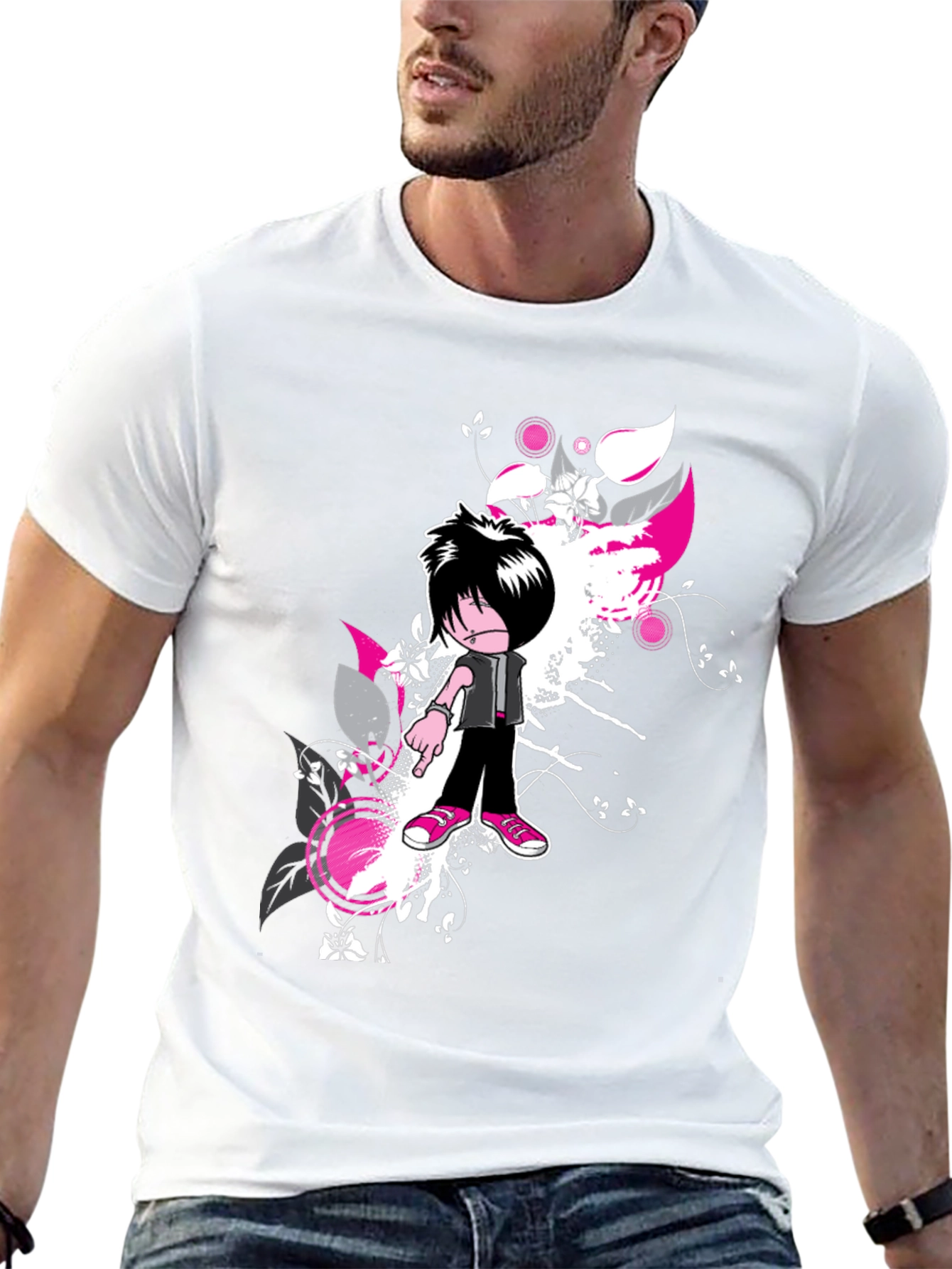 Black Emo Cartoon Graphic Black T-Shirt view 13