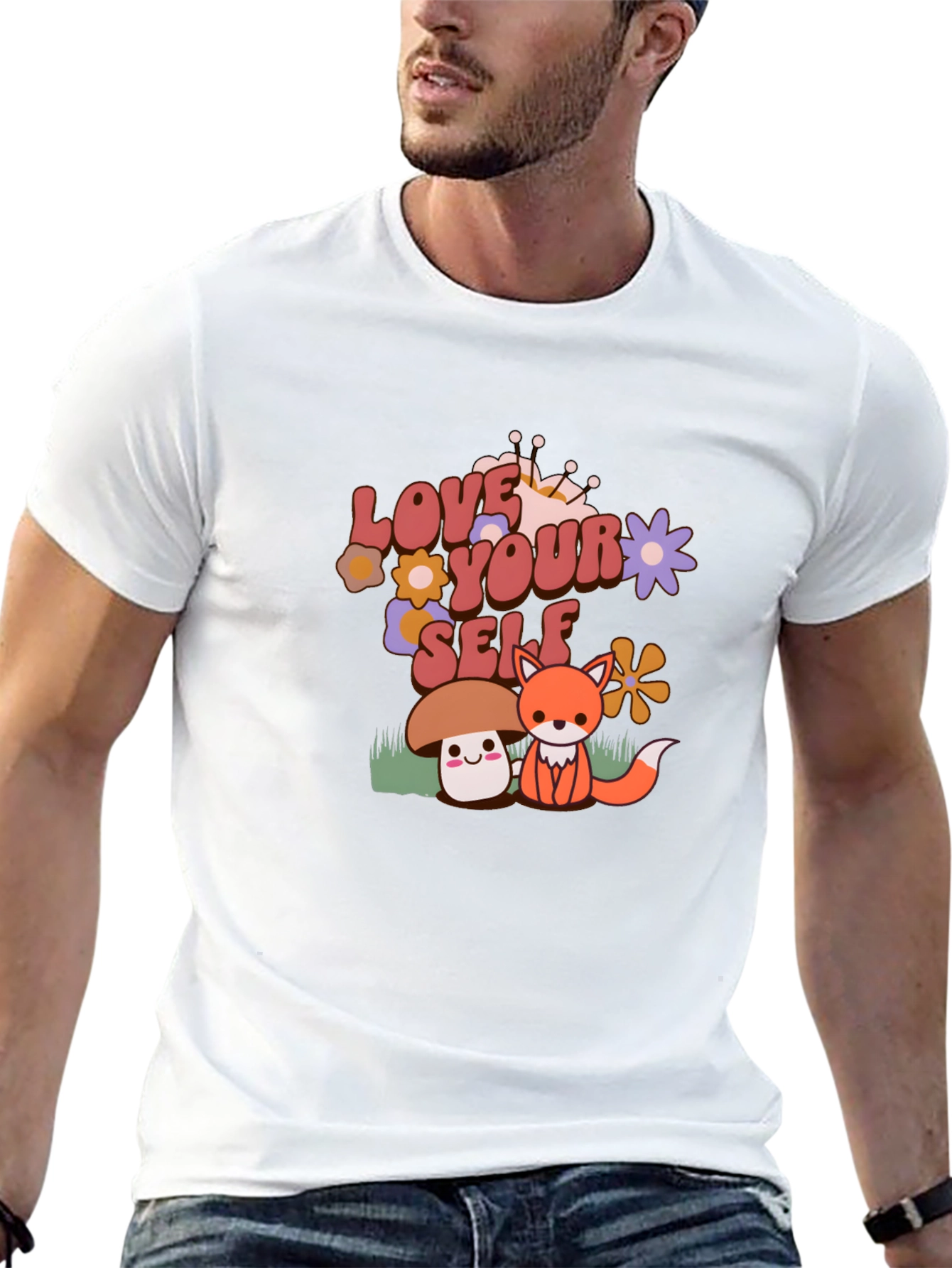 Black Love Yourself T-Shirt with Cute Mushroom and Fox Design view 13