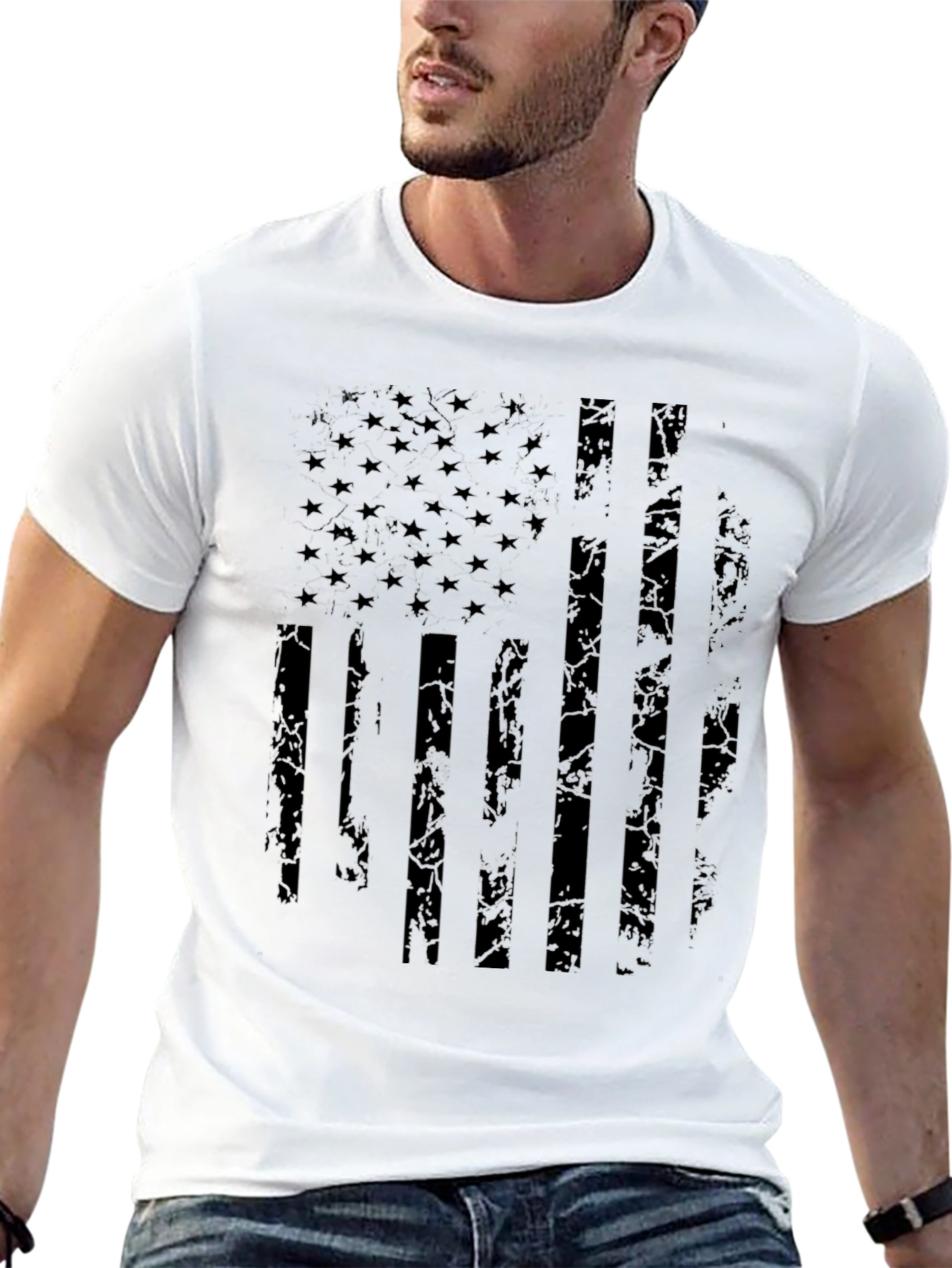 Distressed American Flag Graphic Print Men's Black T-Shirt - 13