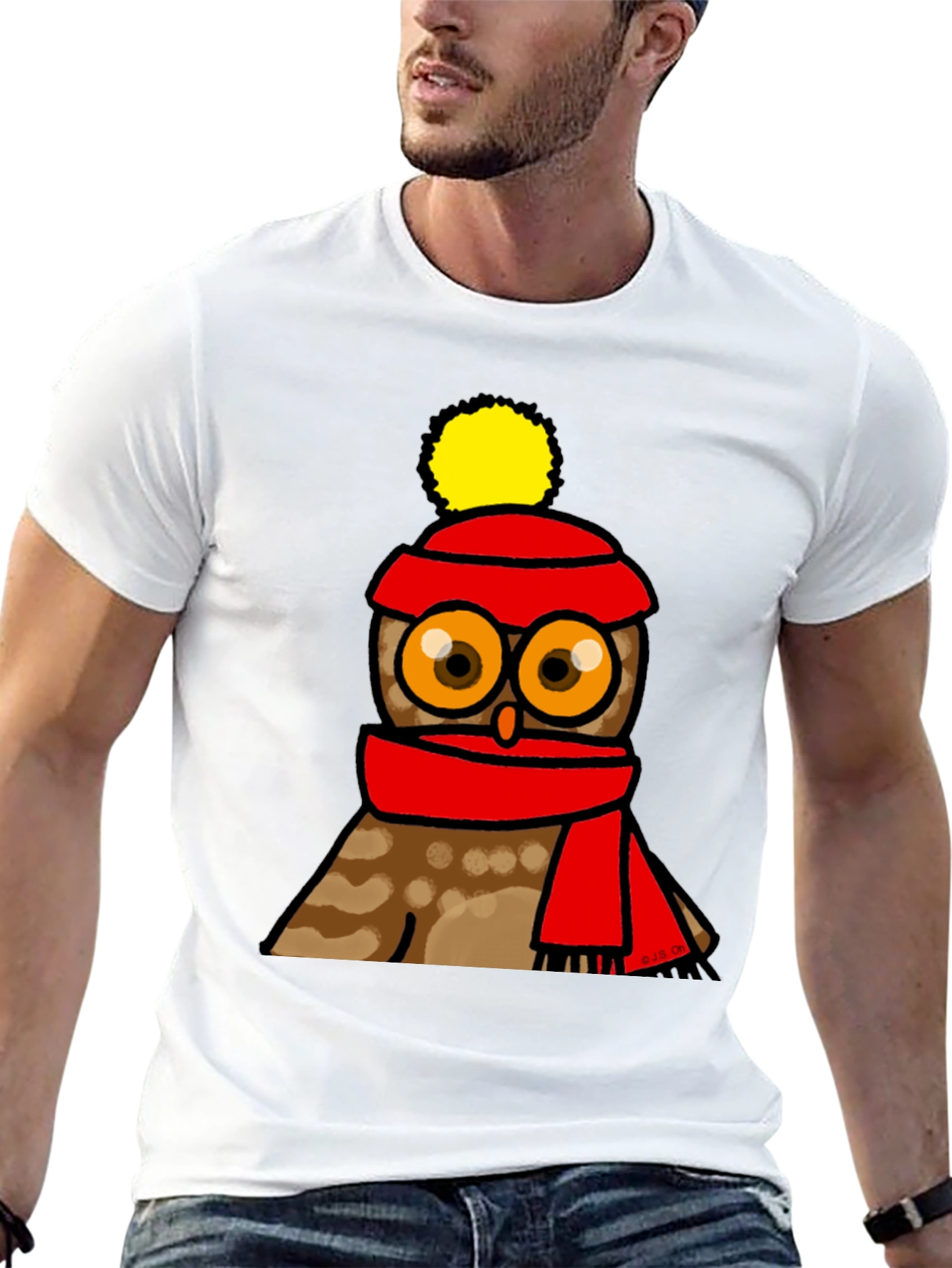 Black Cute Owl in Hat & Scarf Graphic T-Shirt view 13