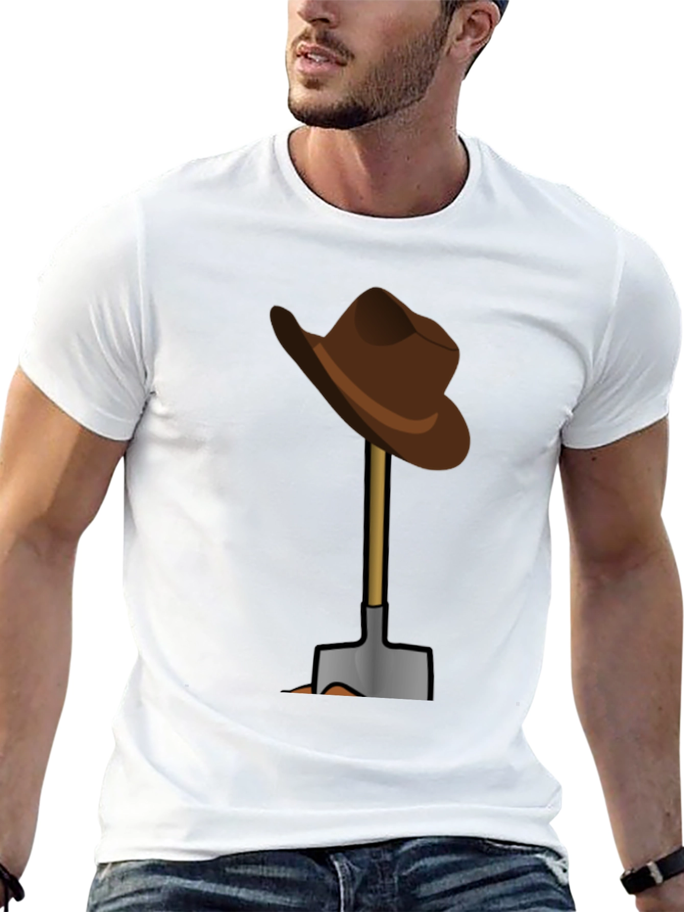 Black Funny T-Shirt: Hat on Shovel Graphic Tee view 13