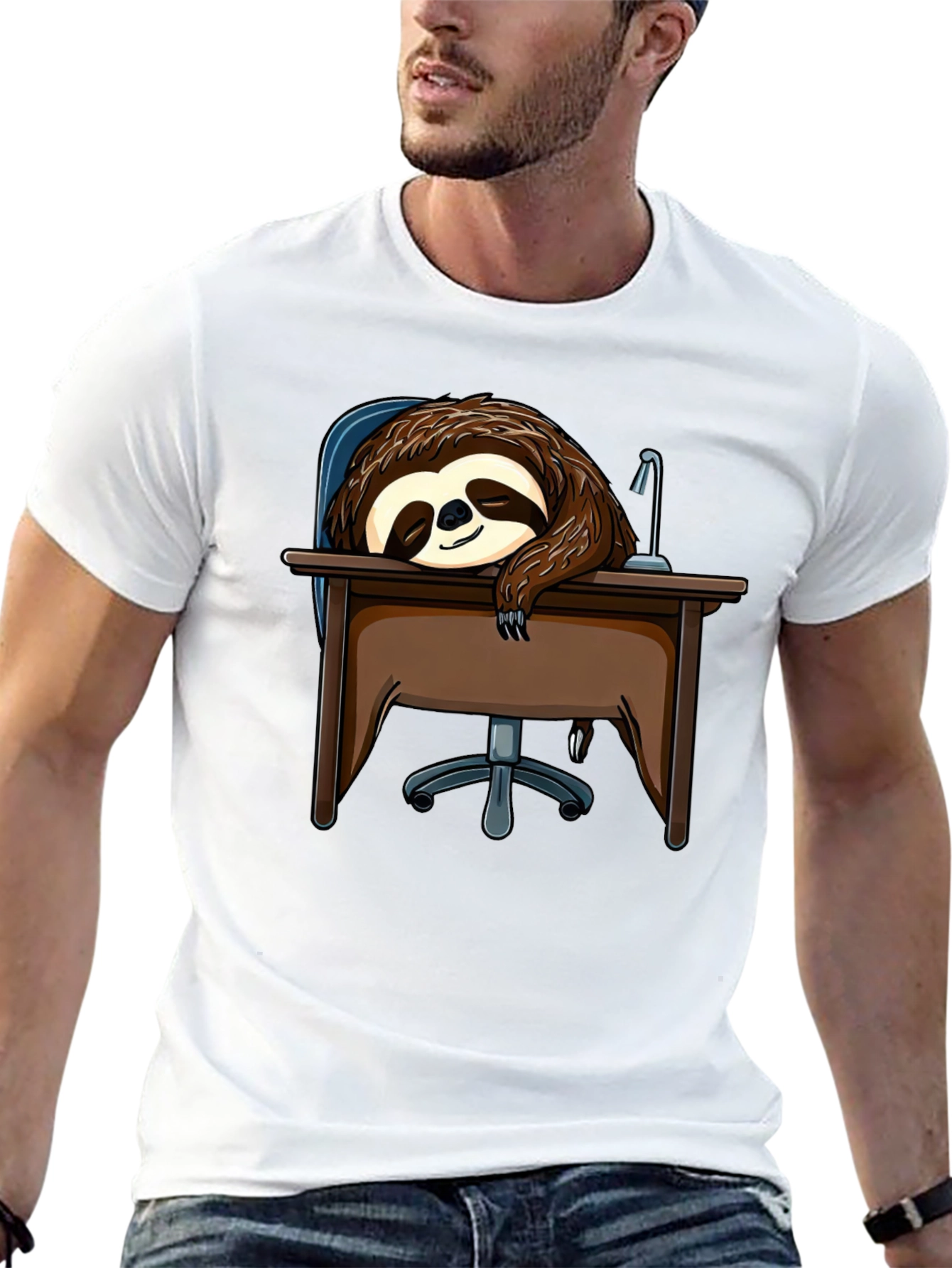 Sleeping Sloth on Desk T-Shirt - Funny Lazy Animal Tee - 13