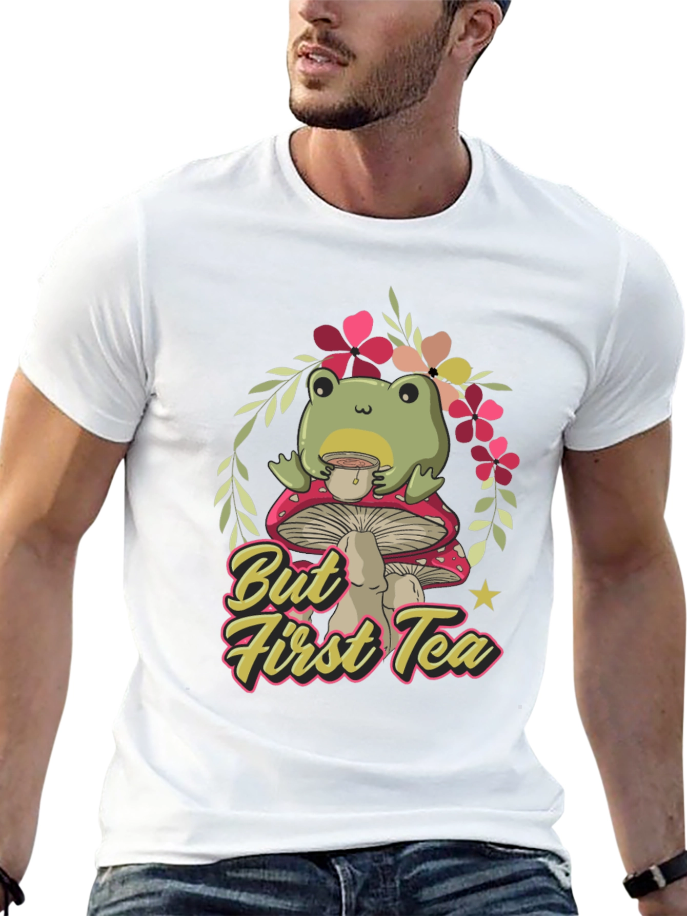 Black Frog Sipping Tea on Mushroom T-Shirt view 13