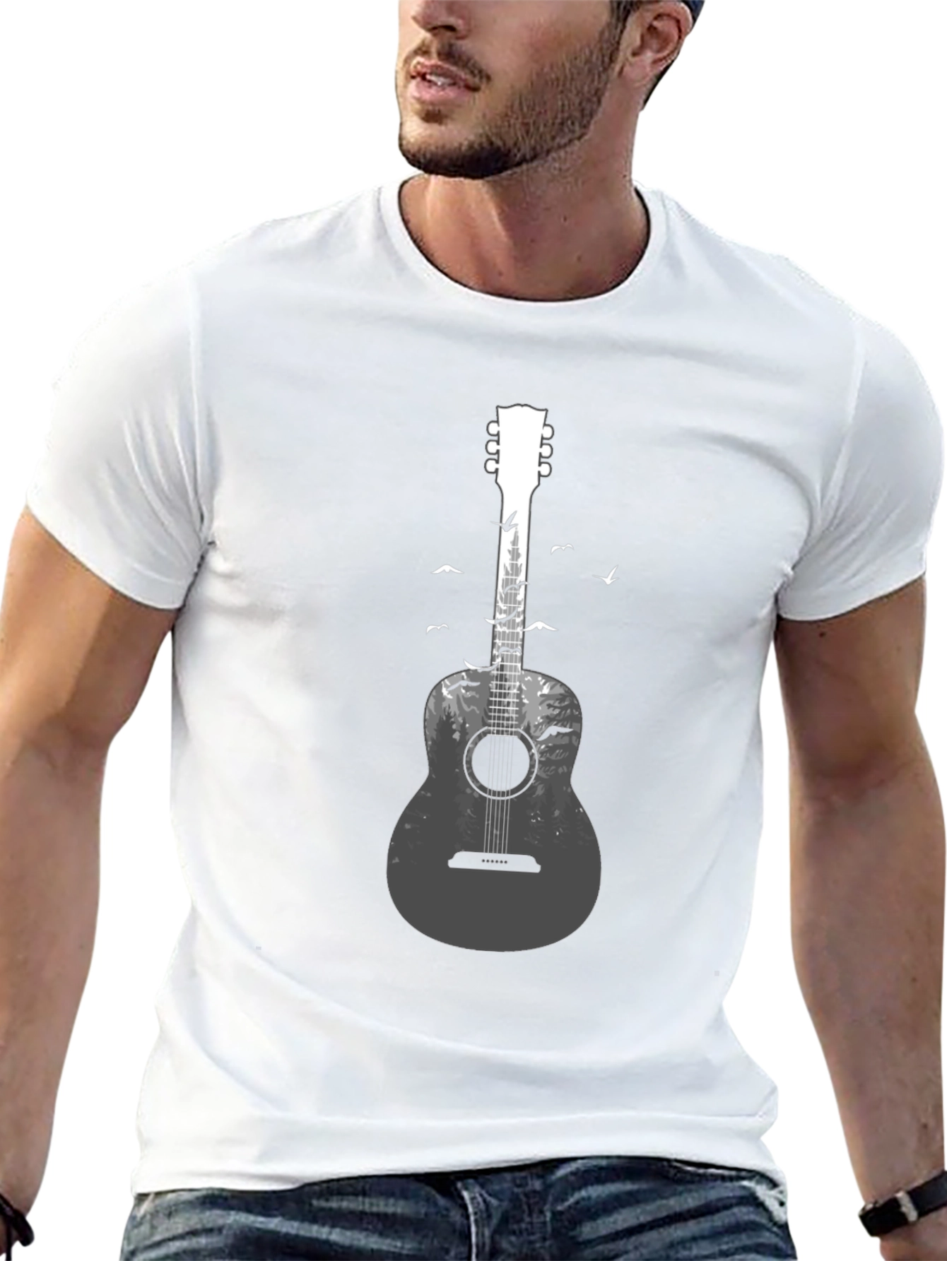 Black Acoustic Guitar Forest Graphic Tee - Nature Music Lover T-Shirt view 13