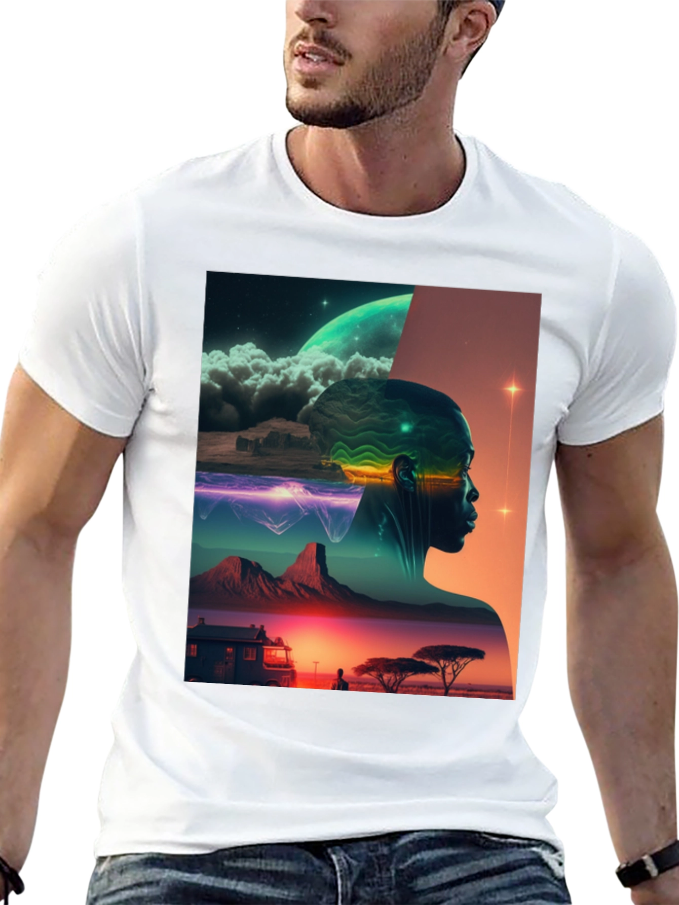 Black Afrofuturism Graphic Tee - Sci-Fi Landscape Black T-Shirt view 13
