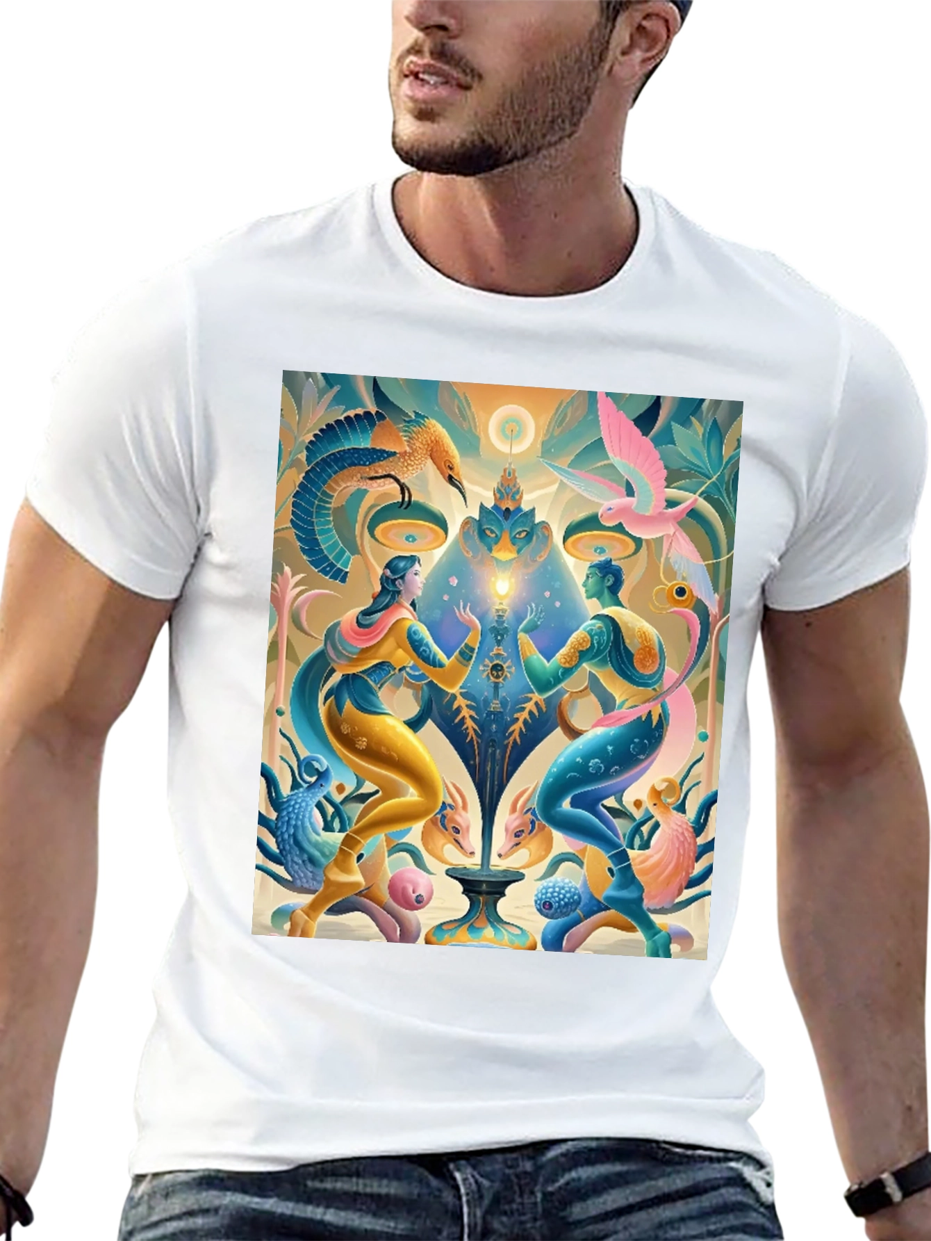 Black Artistic T-Shirt: Mystical Bird and Figure Design view 13