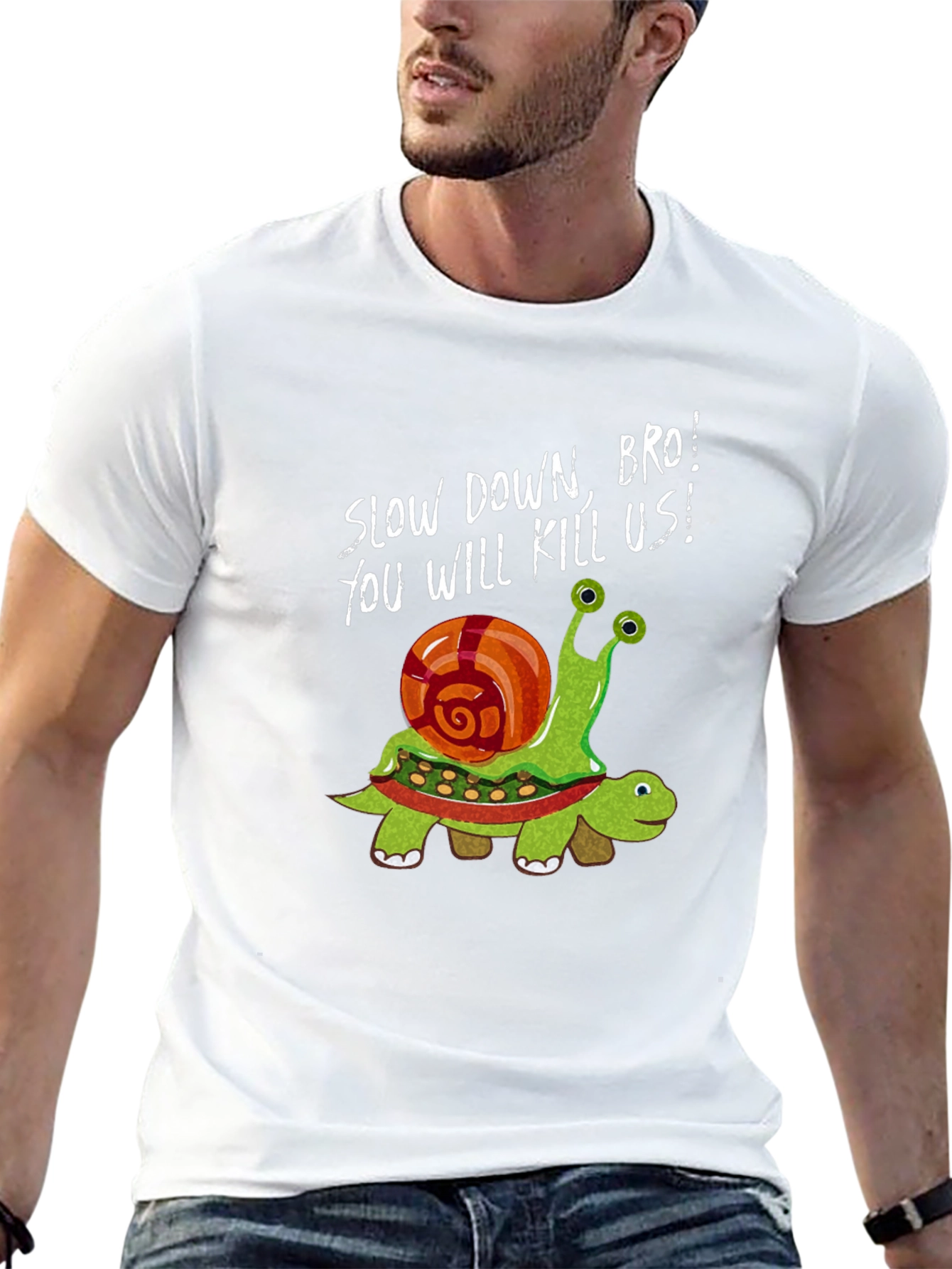 Black Funny Snail Riding Turtle Graphic Tee - Slow Down Bro! view 13