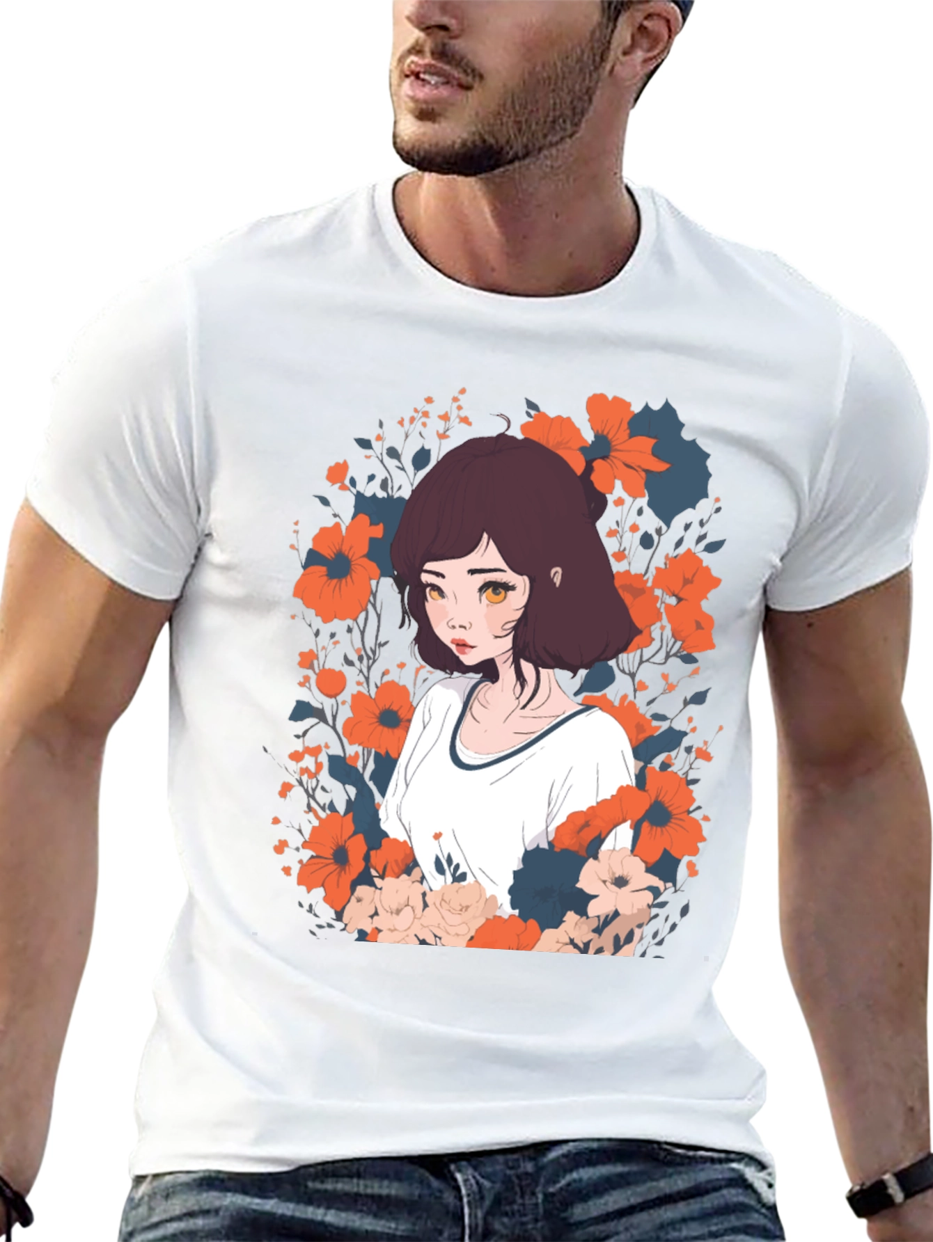 Black Floral Anime Girl Graphic Tee - Unisex Black T-Shirt view 13