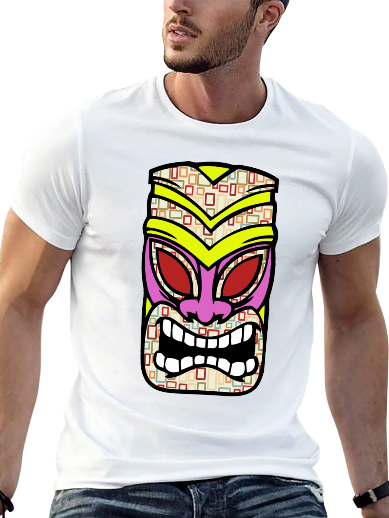 Black Tiki Mask Graphic Tee - Black Cotton T-Shirt view 13