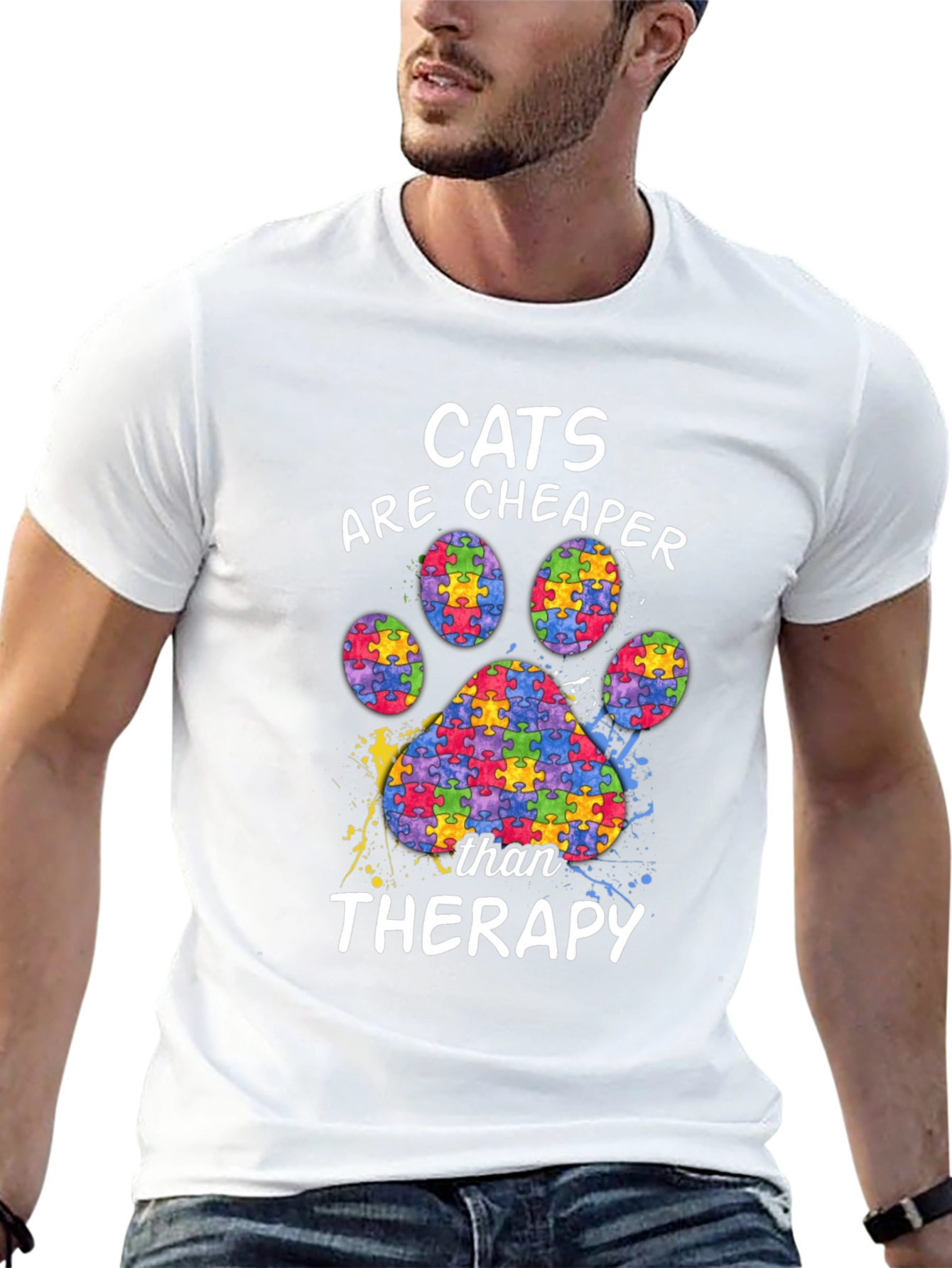 Black Cats are Cheaper Therapy Autism Awareness Puzzle Paw Print T-Shirt view 13