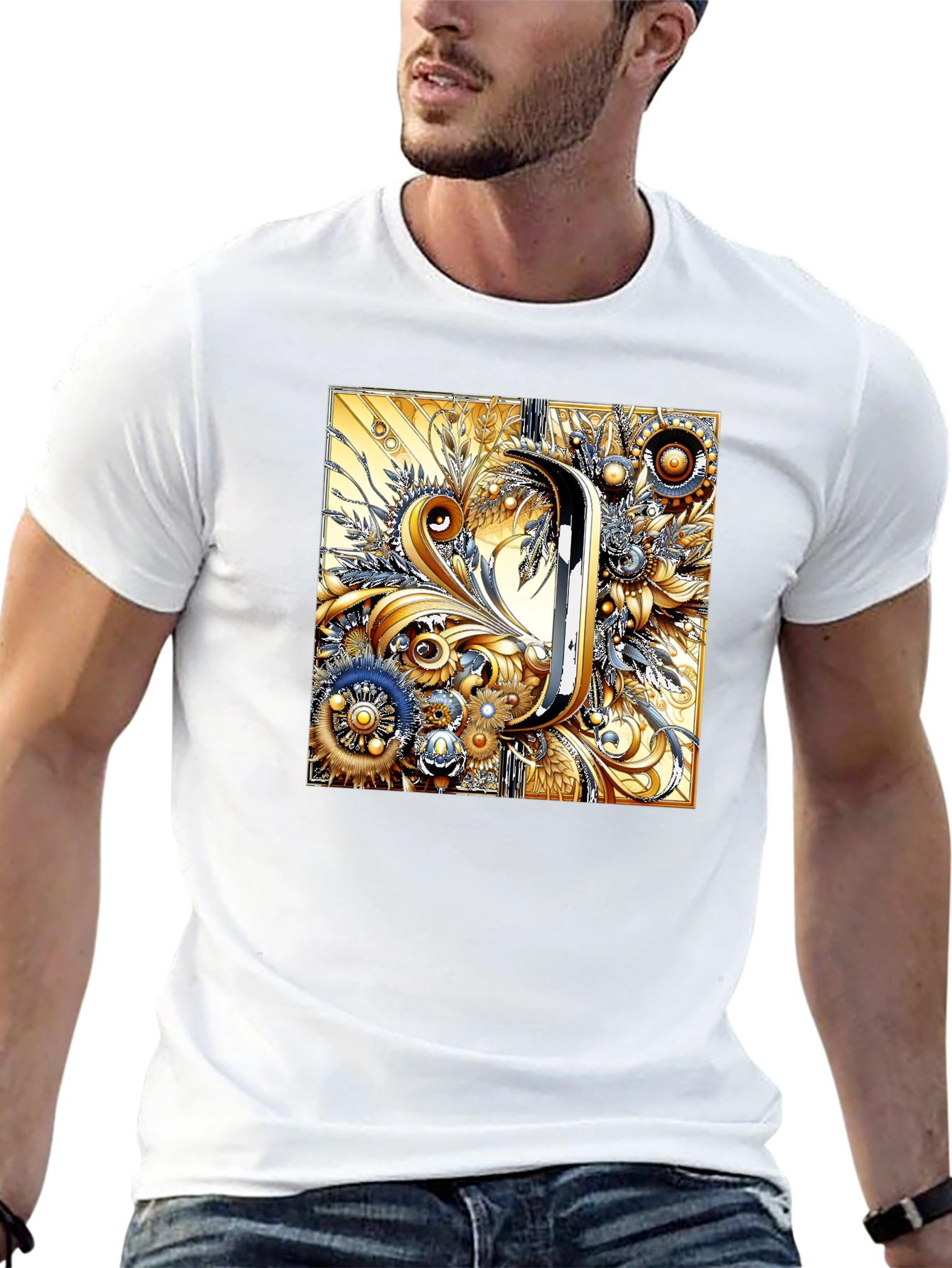 Black Steampunk Letter J T-Shirt - Ornate Floral Design view 13
