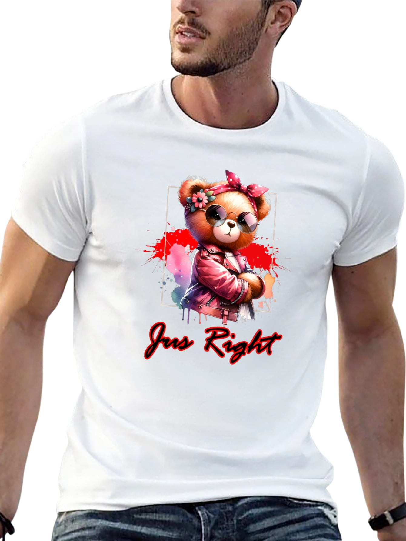 Black Trendy Teddy Bear Graphic Tee - "Jus Right" Black T-Shirt view 13