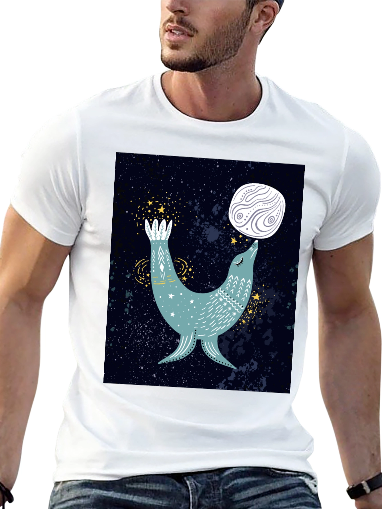 Black Cosmic Seal T-Shirt - Celestial Animal Design view 13