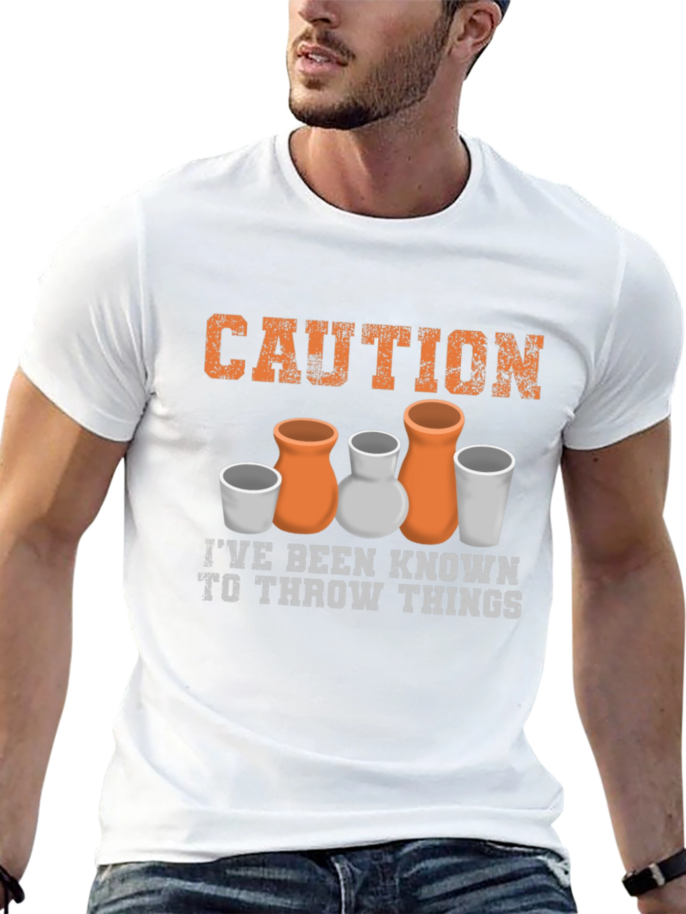 Black Caution I Throw Things Pottery T-Shirt view 13
