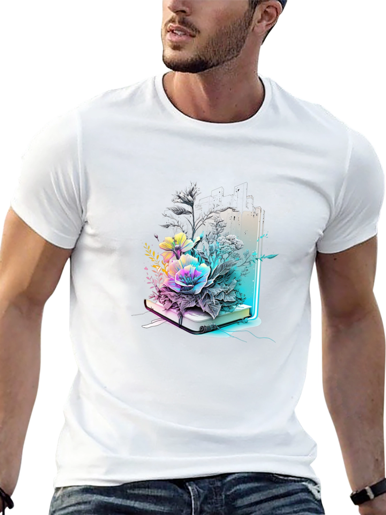 Black Floral Bookworm Tee - Artistic Graphic T-Shirt view 13