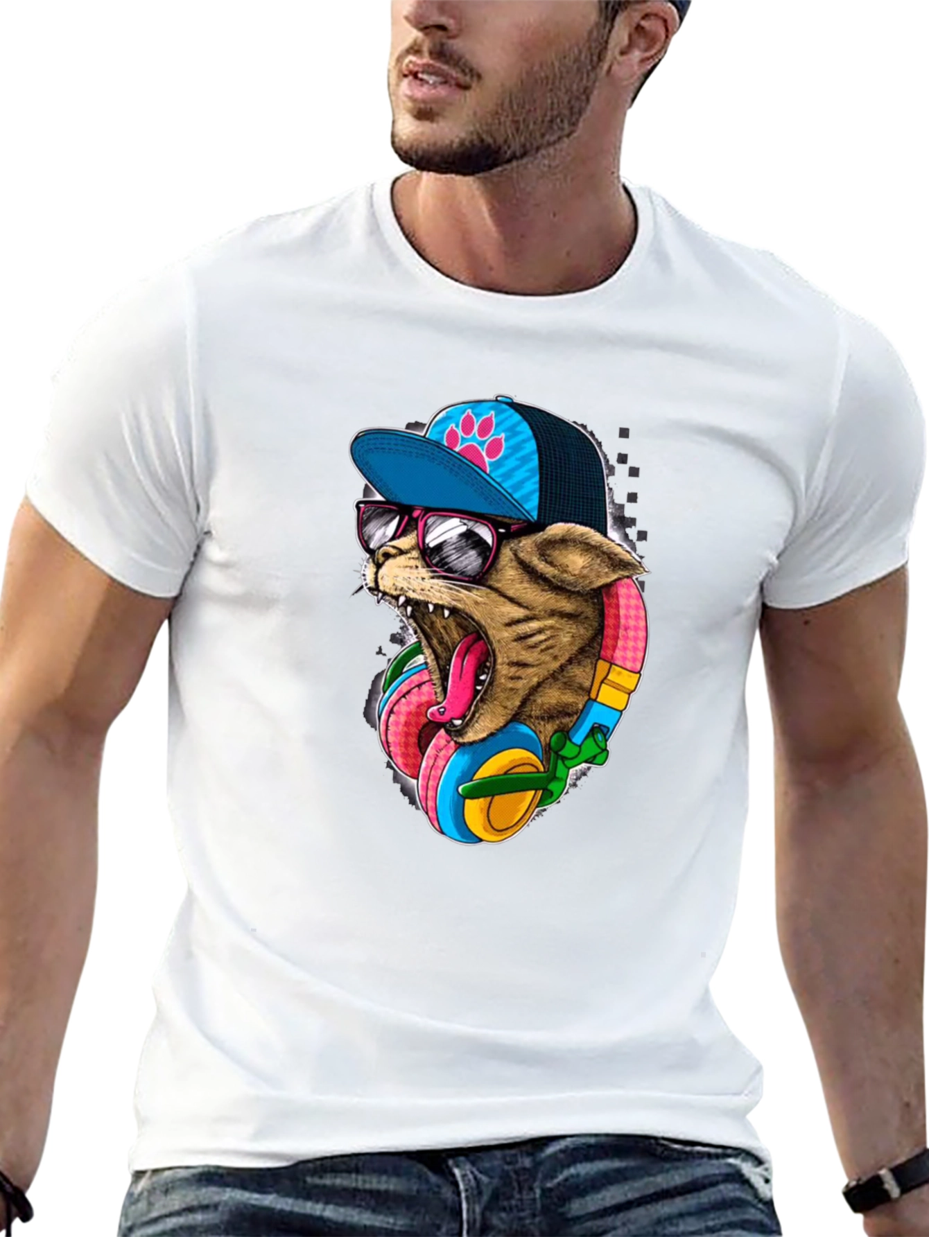 Black Cool Cat T-Shirt: Cat Wearing Headphones & Cap view 13