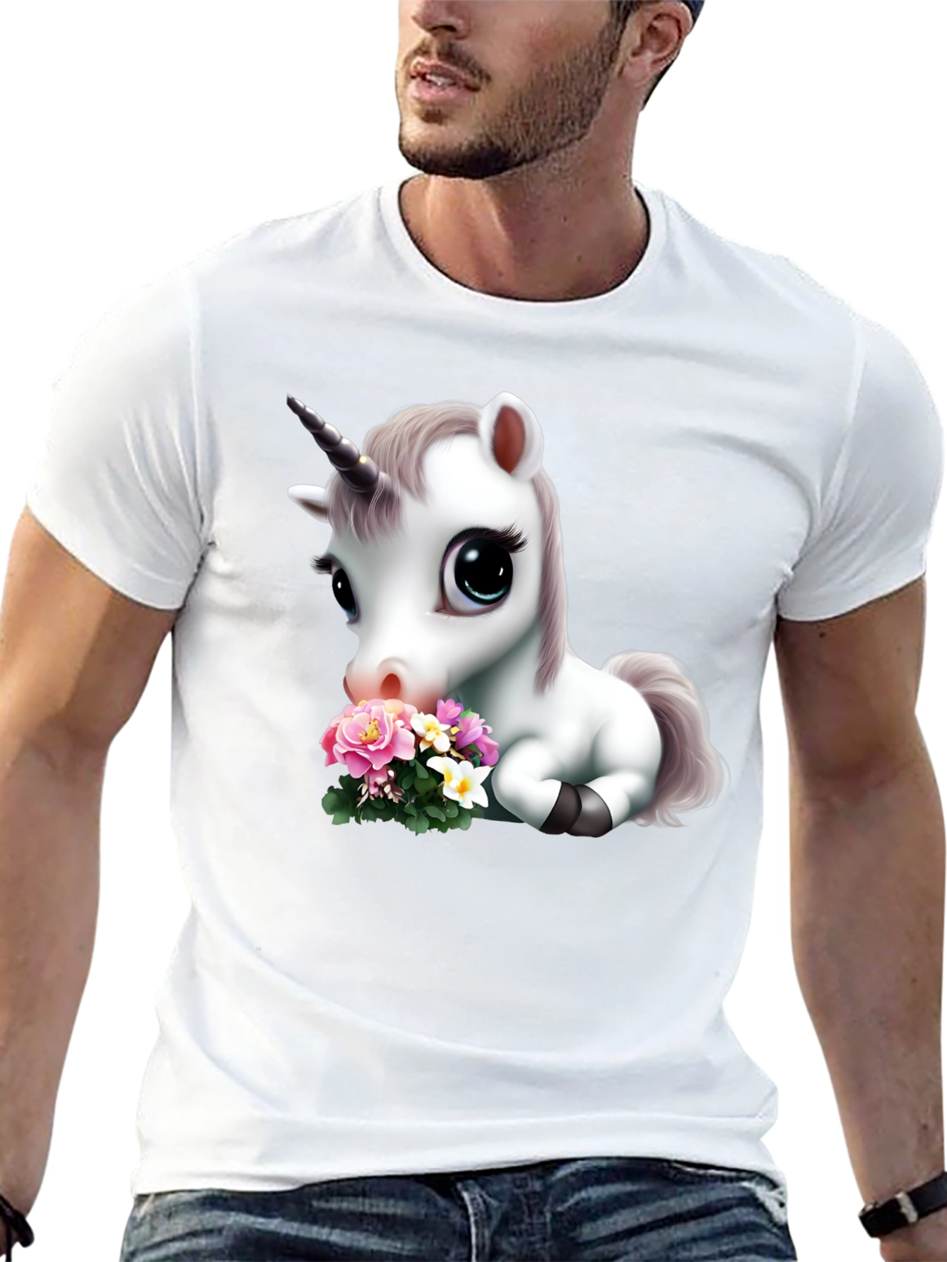 Black Cute Unicorn with Flowers Graphic T-Shirt view 13