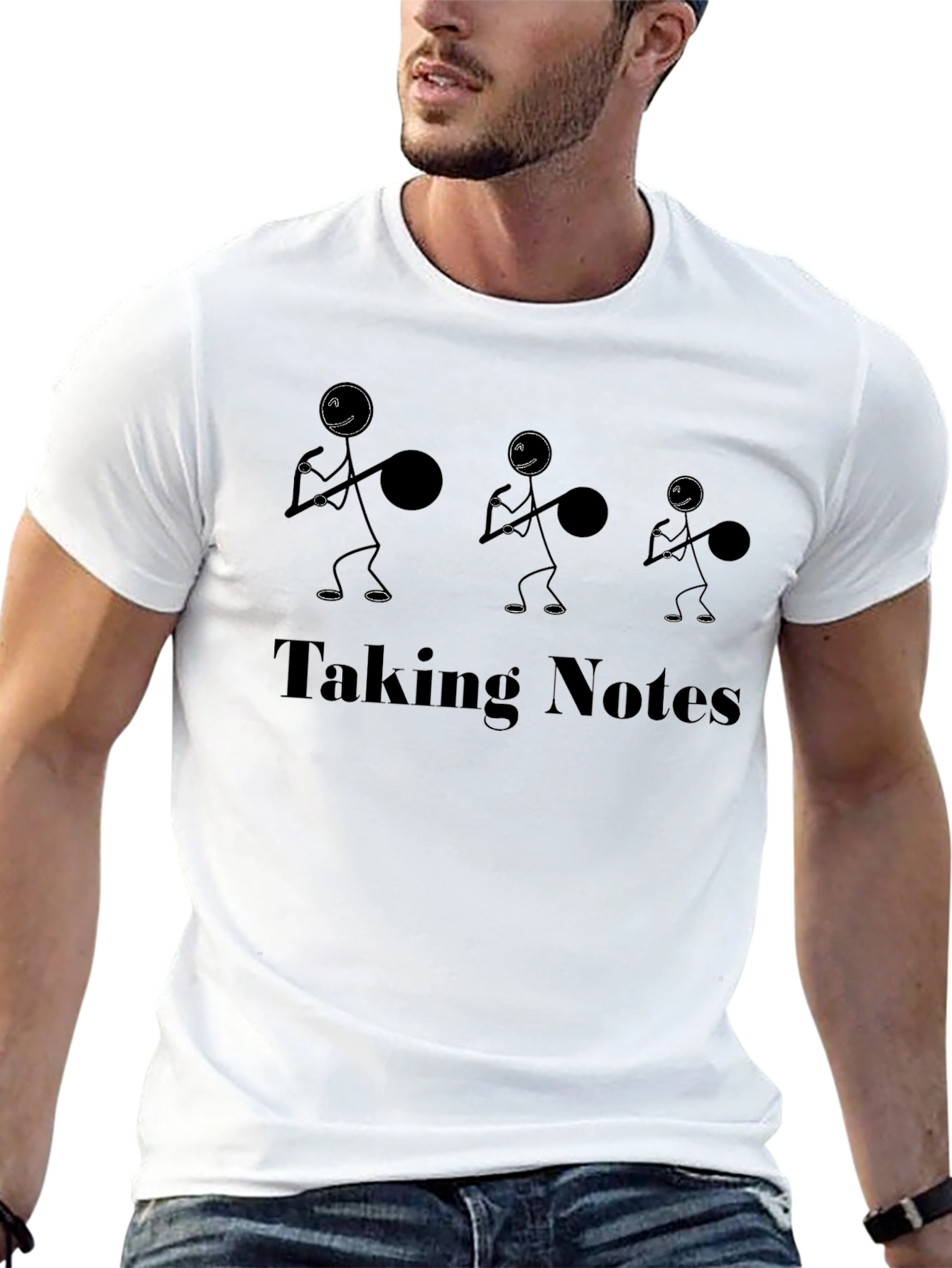 Black Taking Notes Funny Stick Figure Black T-Shirt view 13