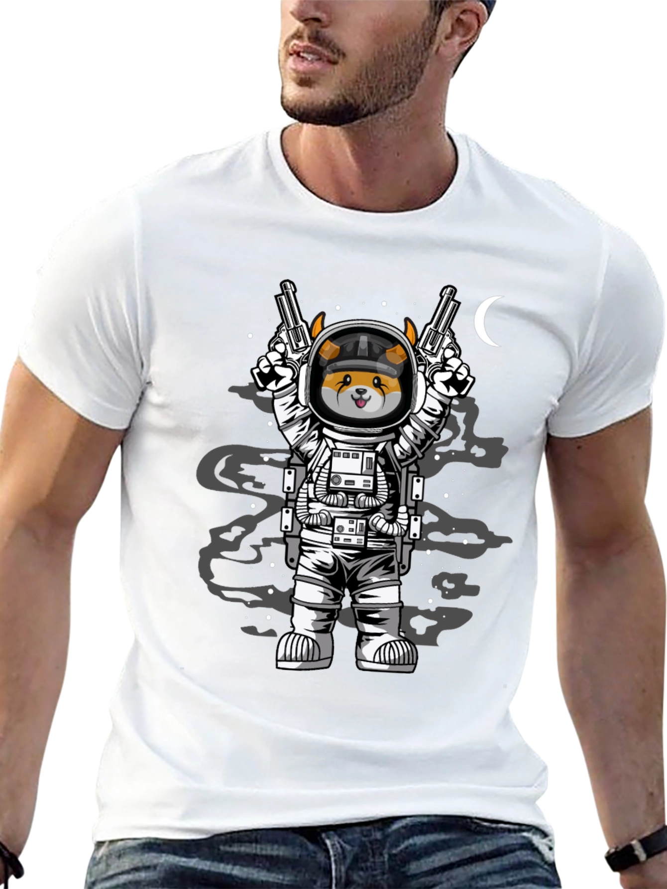 Black Space Dog T-Shirt - Astronaut Doge with Guns view 13