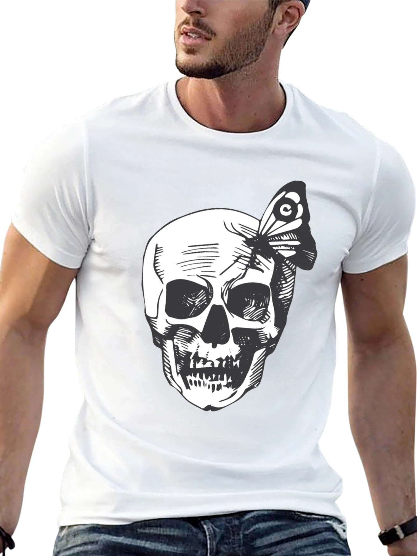 Black Skull and Butterfly Graphic Tee - Black Cotton view 13
