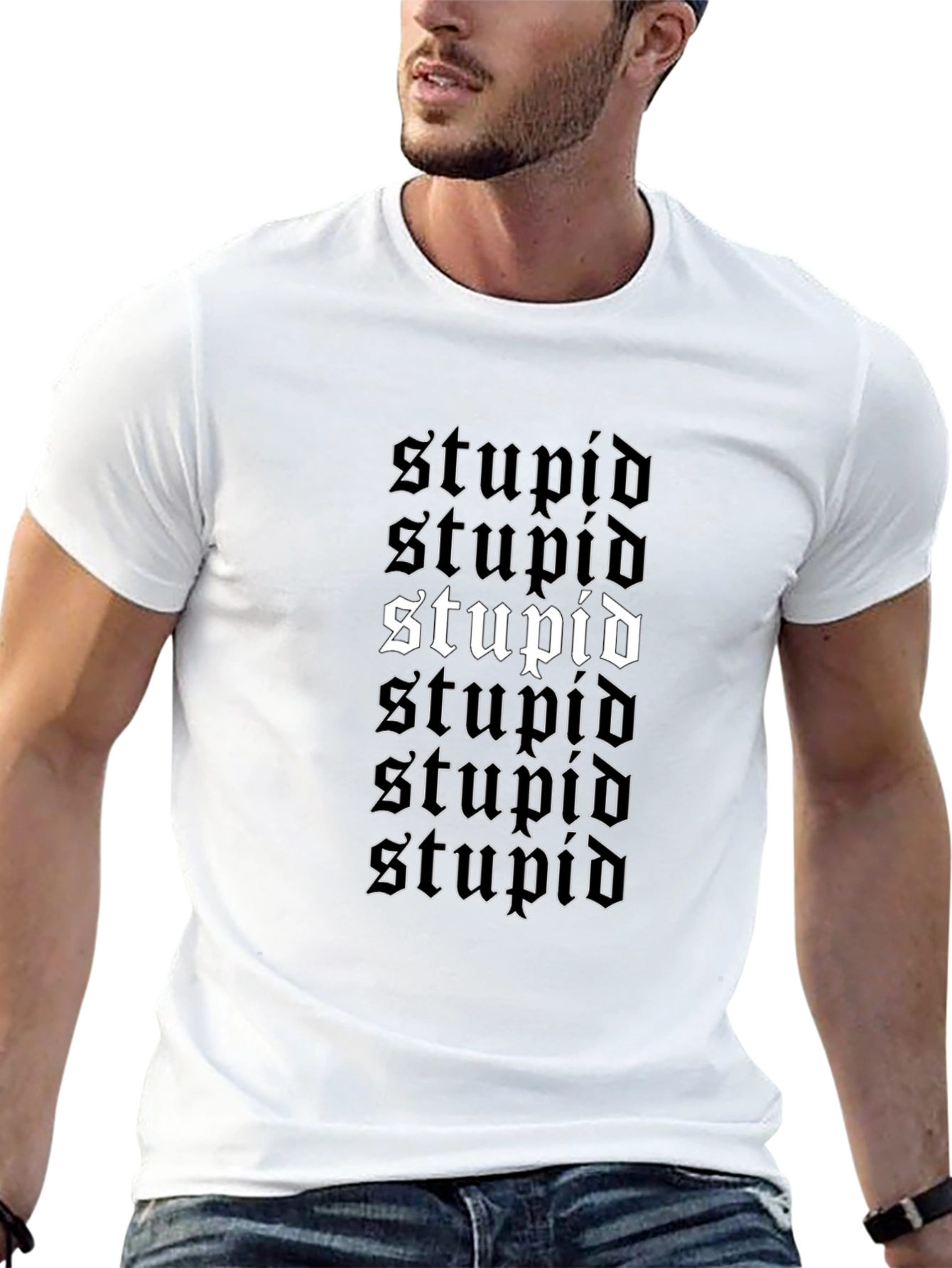 Black Stupid Graphic Print Black Crew Neck T-Shirt view 13