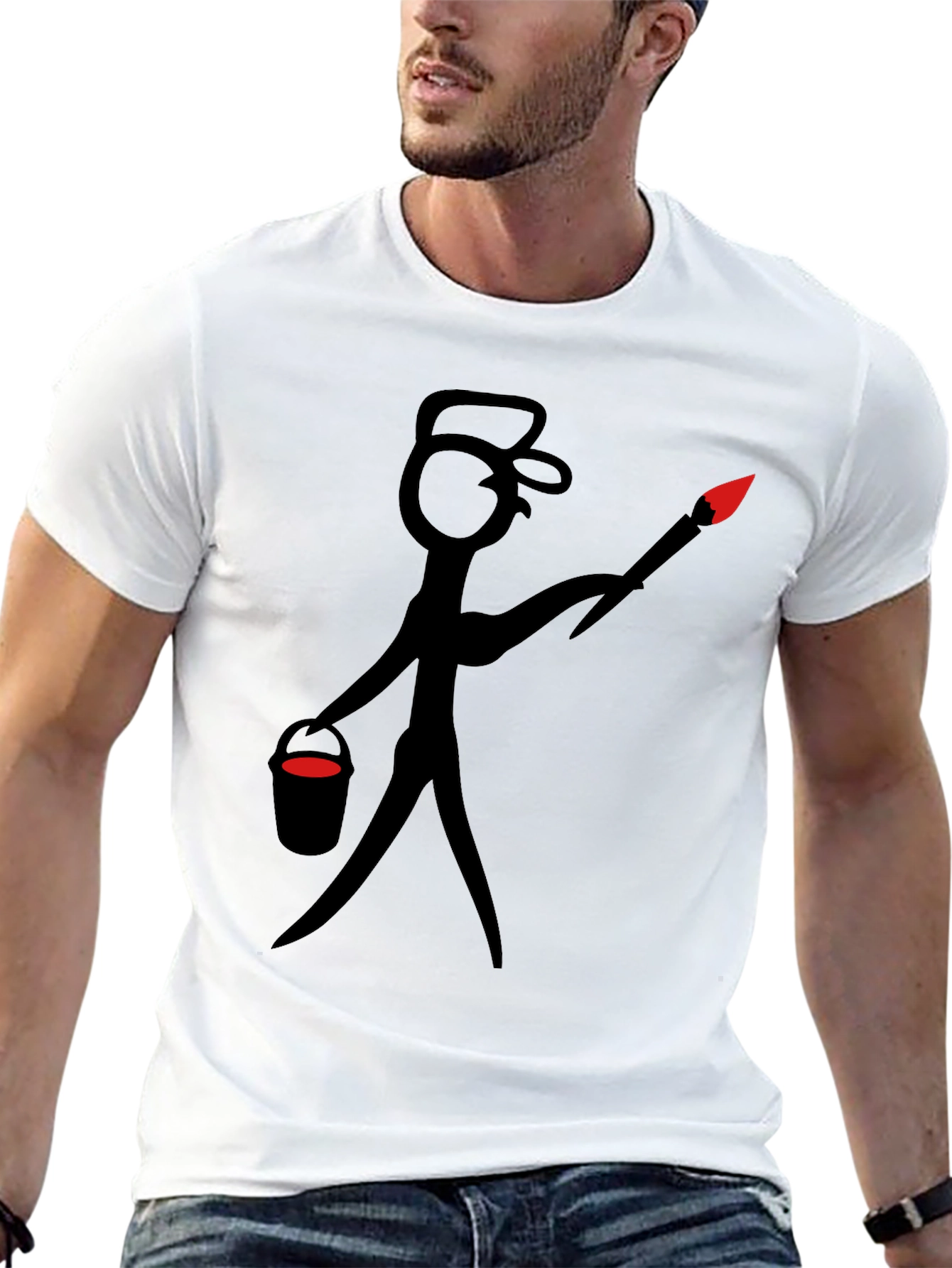 Black Painter Stick Figure Graphic Tee - Black Cotton Casual Wear view 13