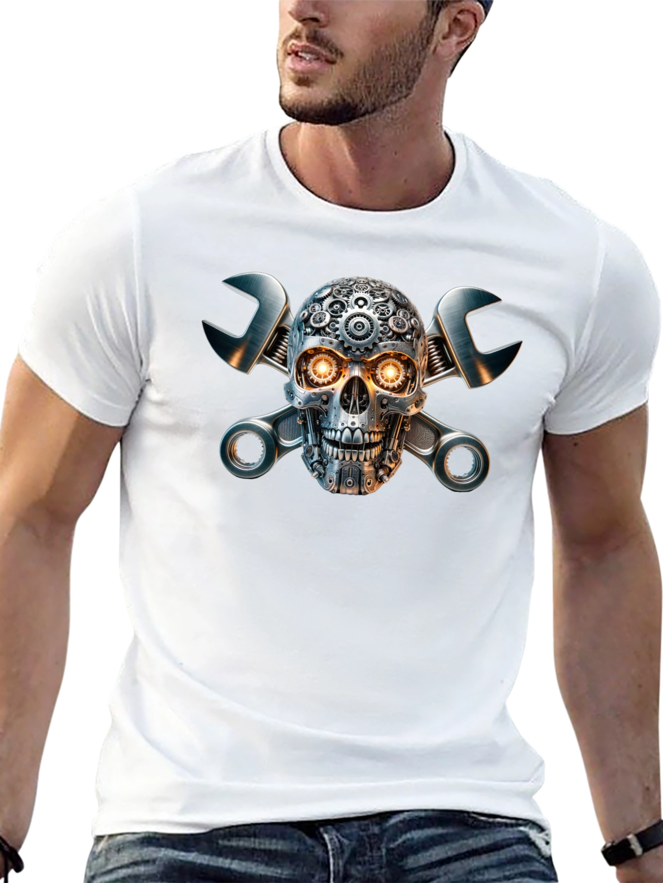 Black Steampunk Skull & Wrench Graphic Tee view 13